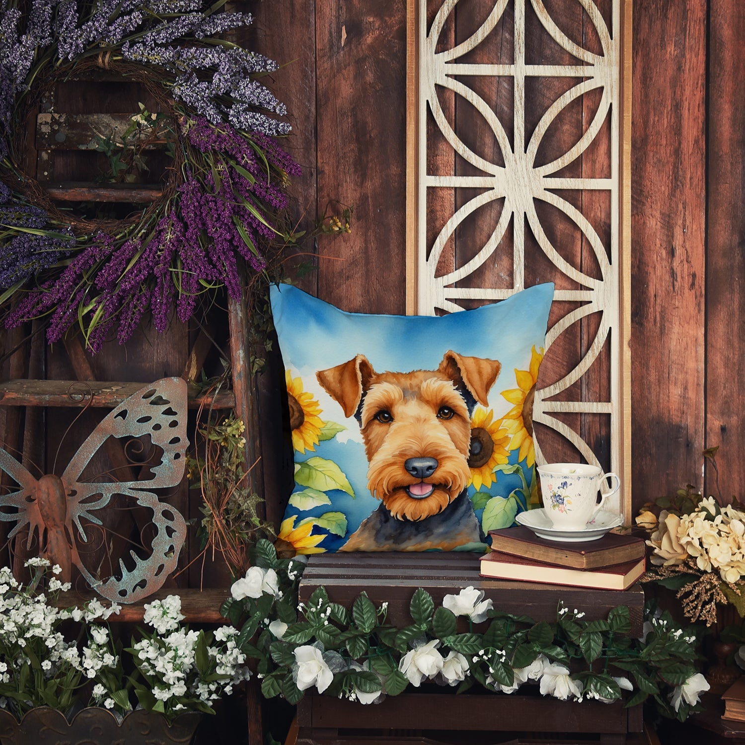 Airedale Terrier in Sunflowers Decorative Throw Pillow 18x18 Indoor Outdoor Accent Cushion, Fabric Cover with Insert for Sofa, Bed, Porch & Living Room