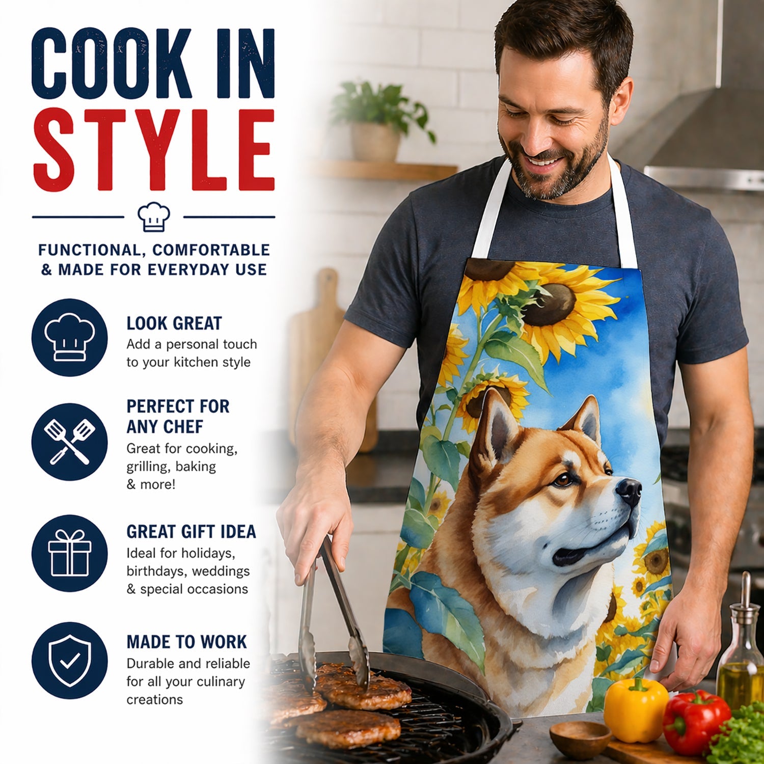 Akita in Sunflowers Apron Cooking Kitchen Server Baking Crafts Gardening for Adult Women Men, Unisex, Large, Multicolor