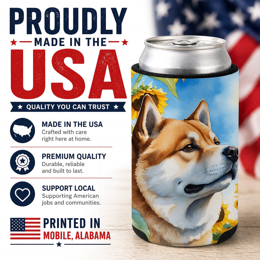 Akita in Sunflowers Can or Bottle Hugger Cooler Sleeve for Standard 12 oz Cans, Insulated Foam Beer & Soda Can Hugger Reusable