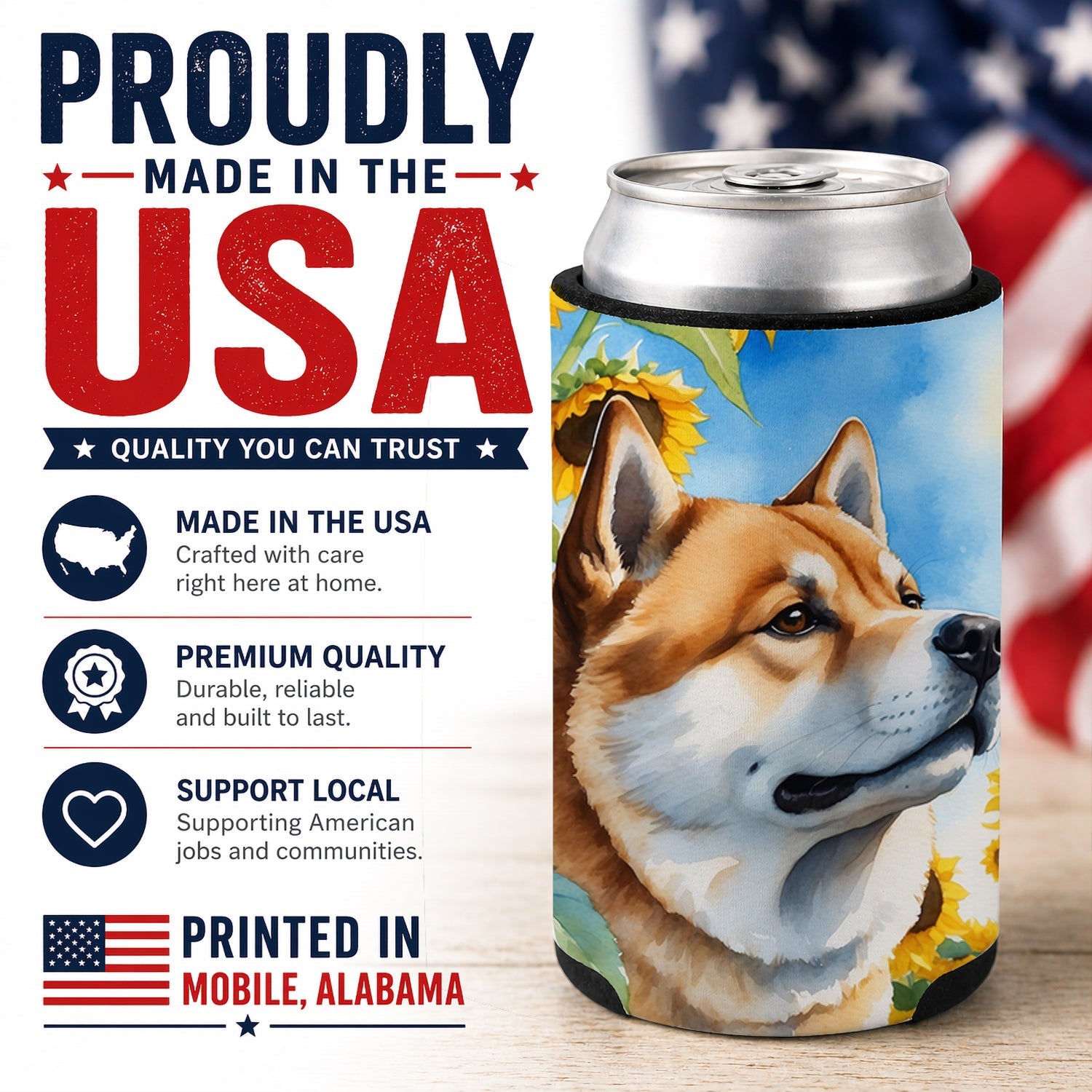 Akita in Sunflowers Can or Bottle Hugger Cooler Sleeve for Standard 12 oz Cans, Insulated Foam Beer & Soda Can Hugger Reusable