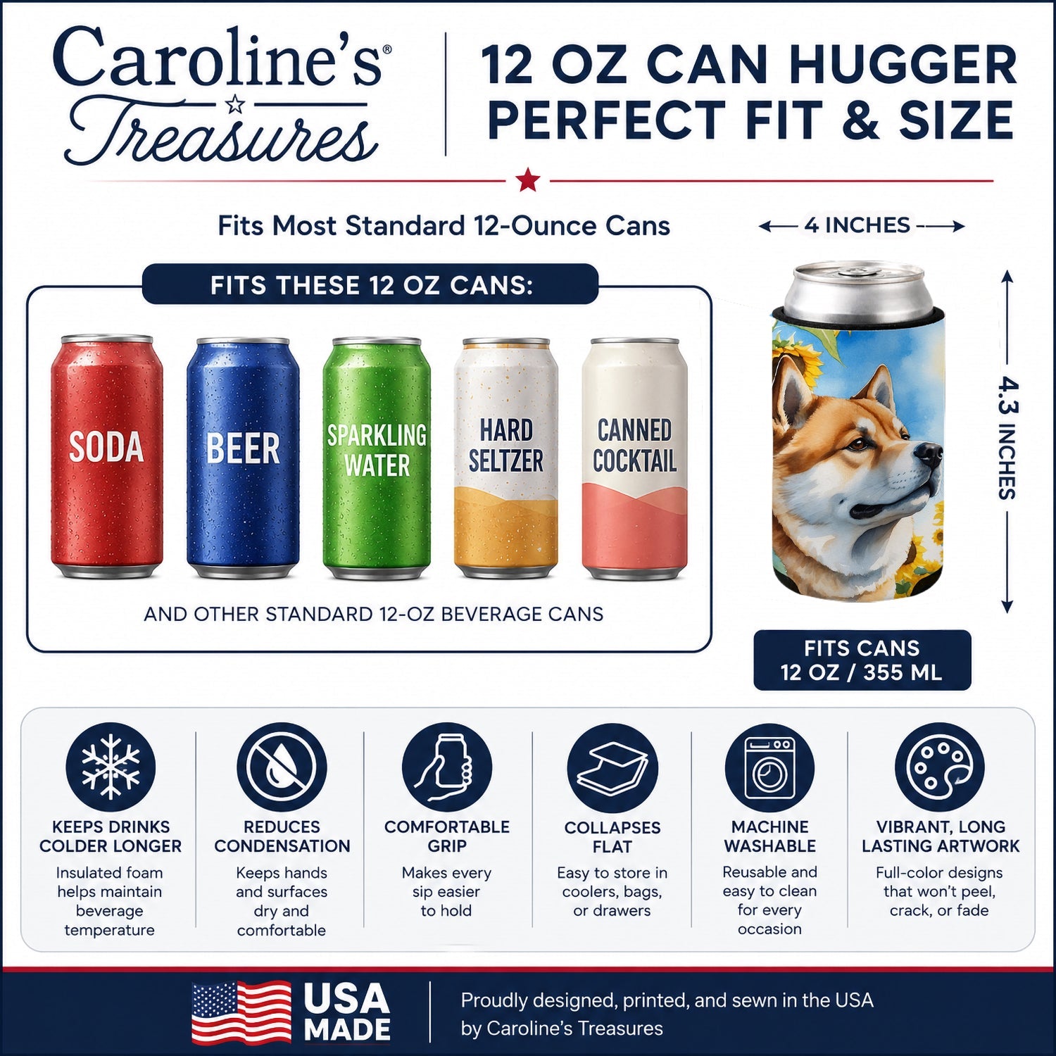 Akita in Sunflowers Can or Bottle Hugger Cooler Sleeve for Standard 12 oz Cans, Insulated Foam Beer & Soda Can Hugger Reusable