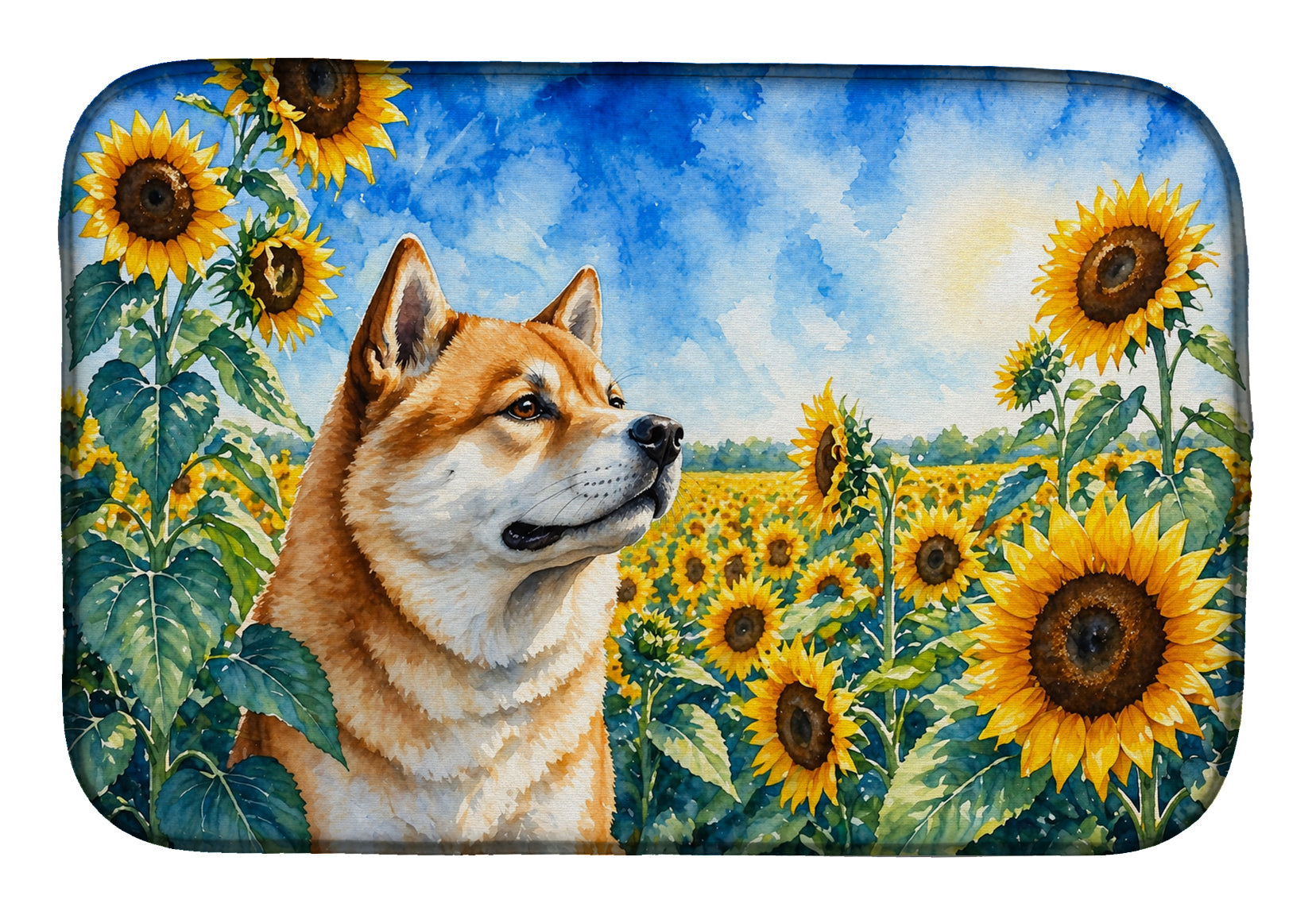 Akita in Sunflowers Dish Drying Mat Absorbent Dish Drying Mat Pad for Kitchen Counter Dish Drainer Mat for Countertop, 14 x 21", Multicolor