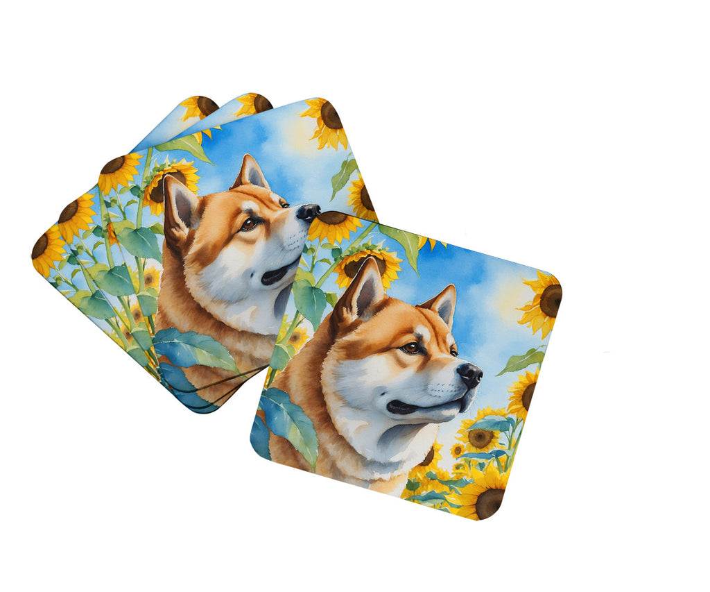 Akita in Sunflowers Foam Coasters Set of 4 Cup Coasters for Indoor Outdoor, Tabletop Protection, Anti Slip, Mouse pad Material