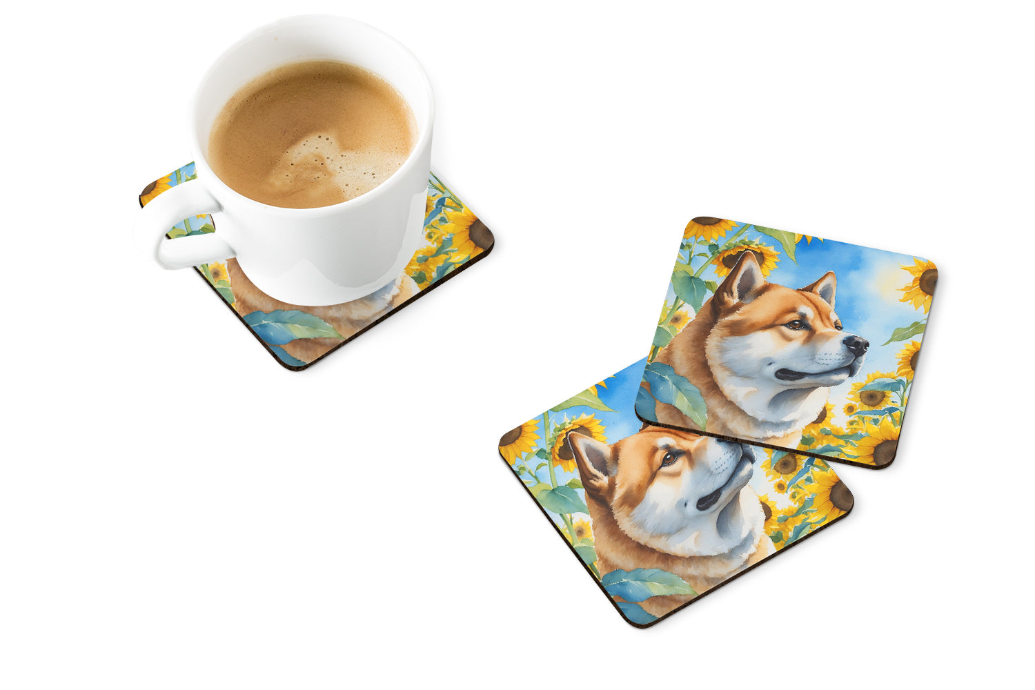 Akita in Sunflowers Foam Coasters Set of 4 Cup Coasters for Indoor Outdoor, Tabletop Protection, Anti Slip, Mouse pad Material