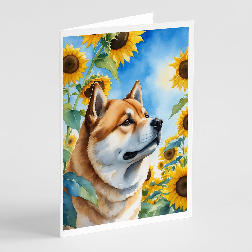 Akita in Sunflowers Greeting Cards Pack of 8 Blank Cards with Envelopes Whimsical A7 Size 5x7