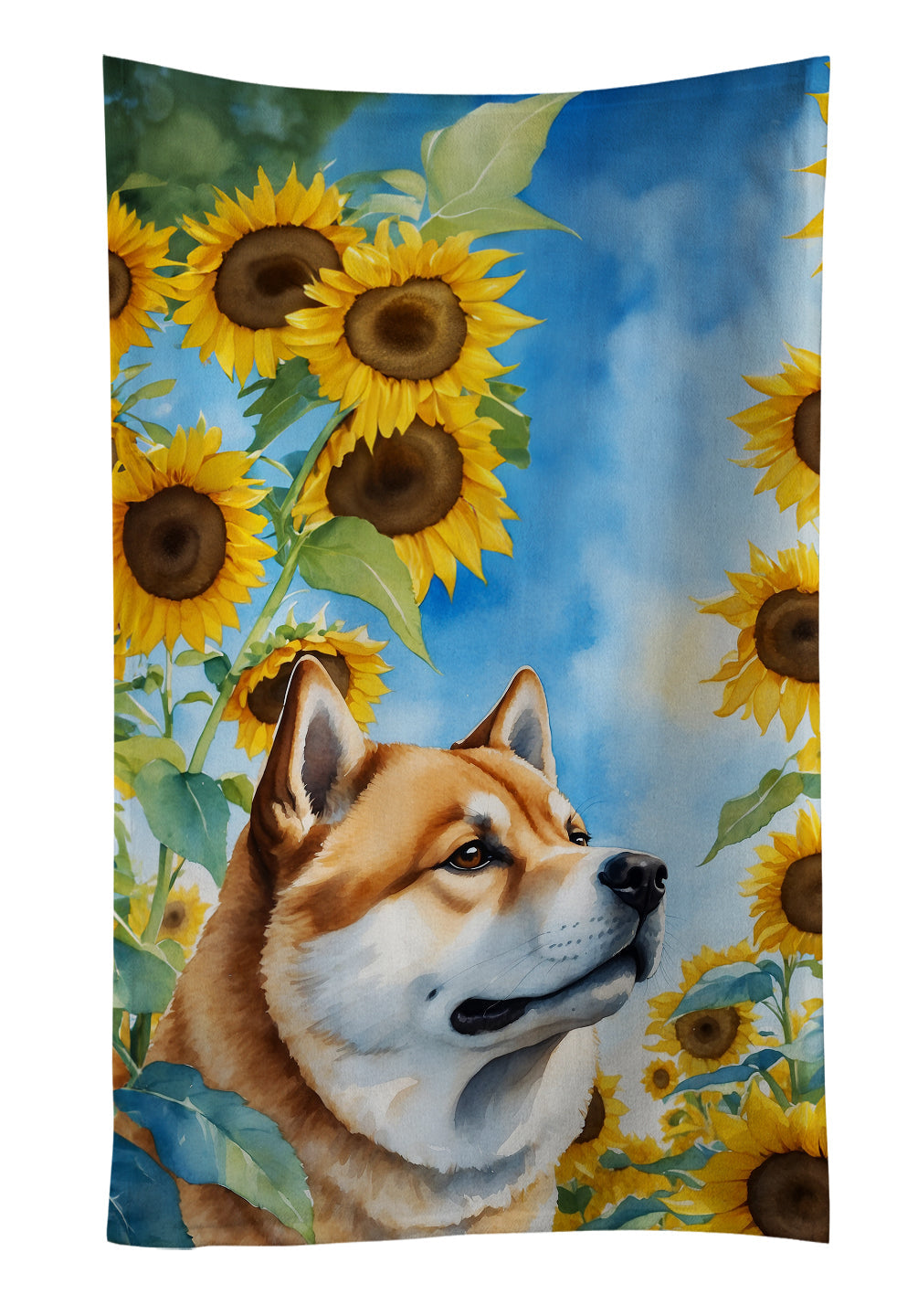 Akita in Sunflowers Kitchen Towel Velour Plush Front and Cotton Loop Back Machine Washable