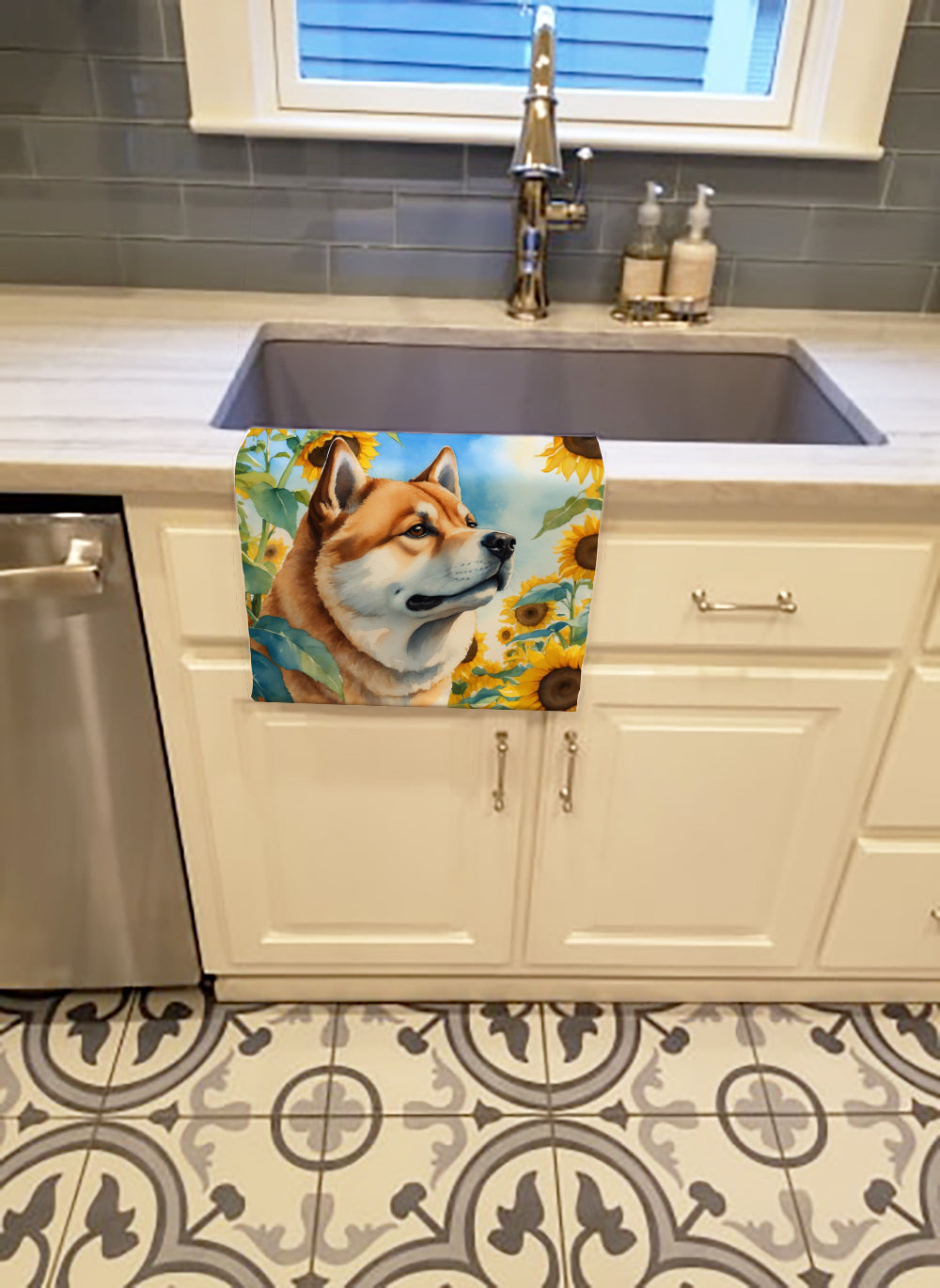 Akita in Sunflowers Kitchen Towel Velour Plush Front and Cotton Loop Back Machine Washable