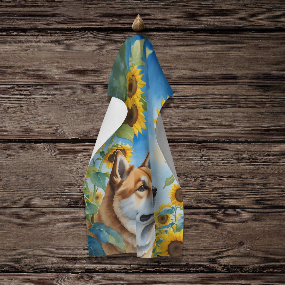 Akita in Sunflowers Kitchen Towel Velour Plush Front and Cotton Loop Back Machine Washable