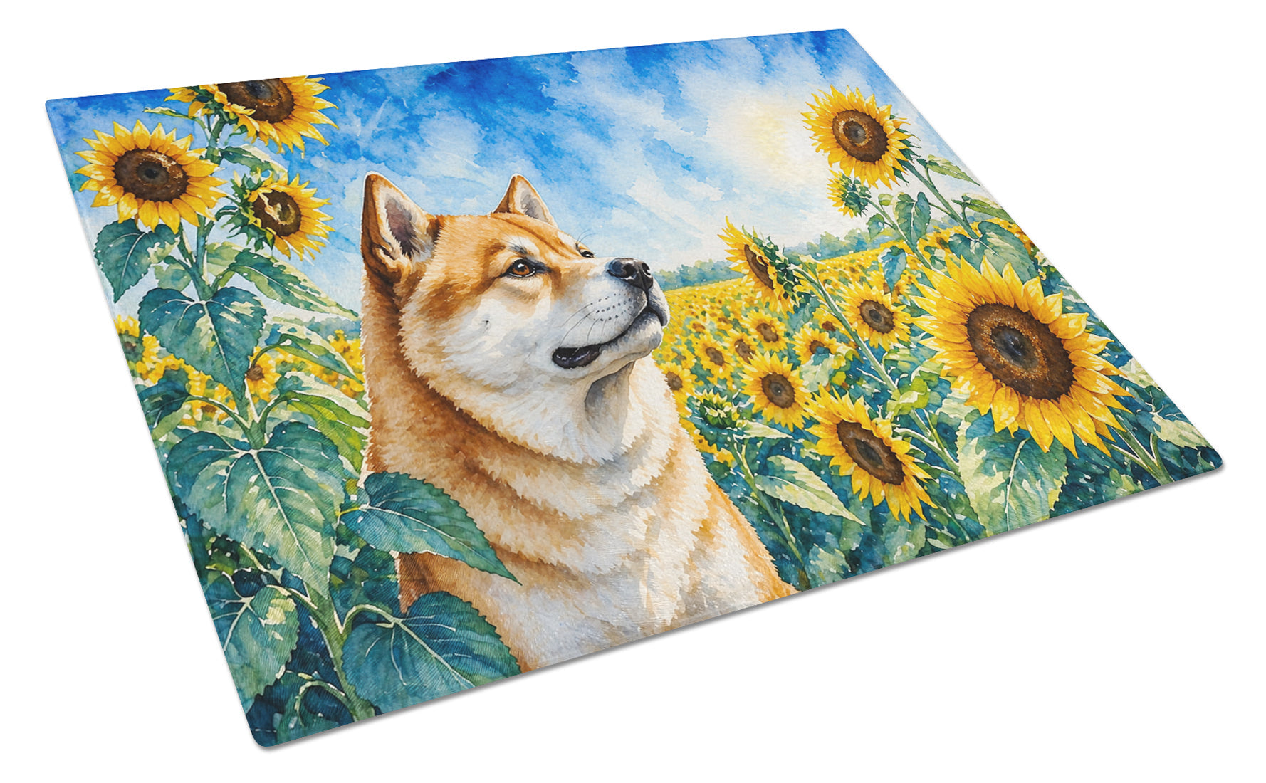 Akita in Sunflowers Cutting Board Tempered Glass Kitchen Cutting Surface, Heat Resistant Chopping Board with Non-Slip Feet, Decorative Food Prep & Serving