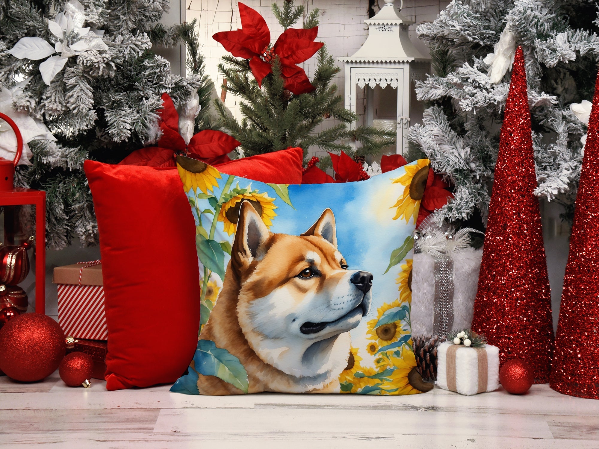 Akita in Sunflowers Decorative Throw Pillow 14x14 Indoor Outdoor Accent Cushion, Fabric Cover with Insert for Sofa, Bed, Porch & Living Room