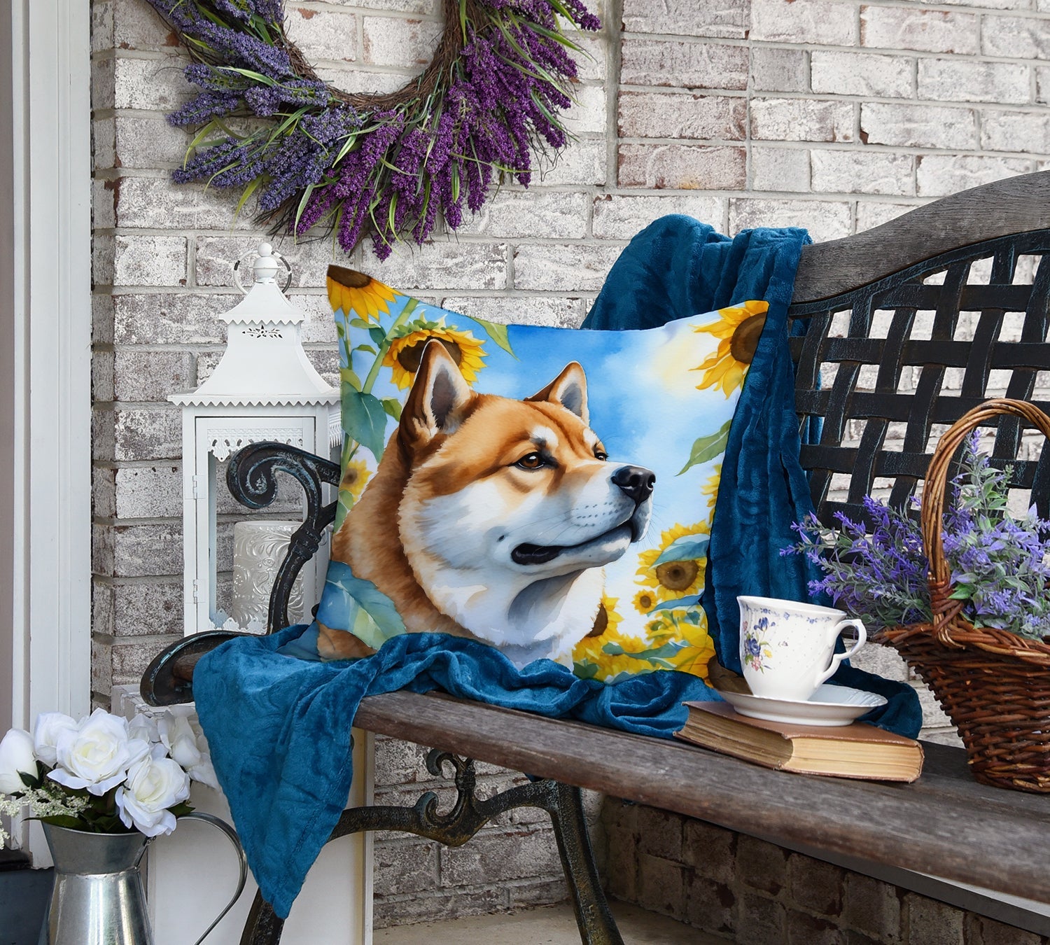 Akita in Sunflowers Decorative Throw Pillow 18x18 Indoor Outdoor Accent Cushion, Fabric Cover with Insert for Sofa, Bed, Porch & Living Room