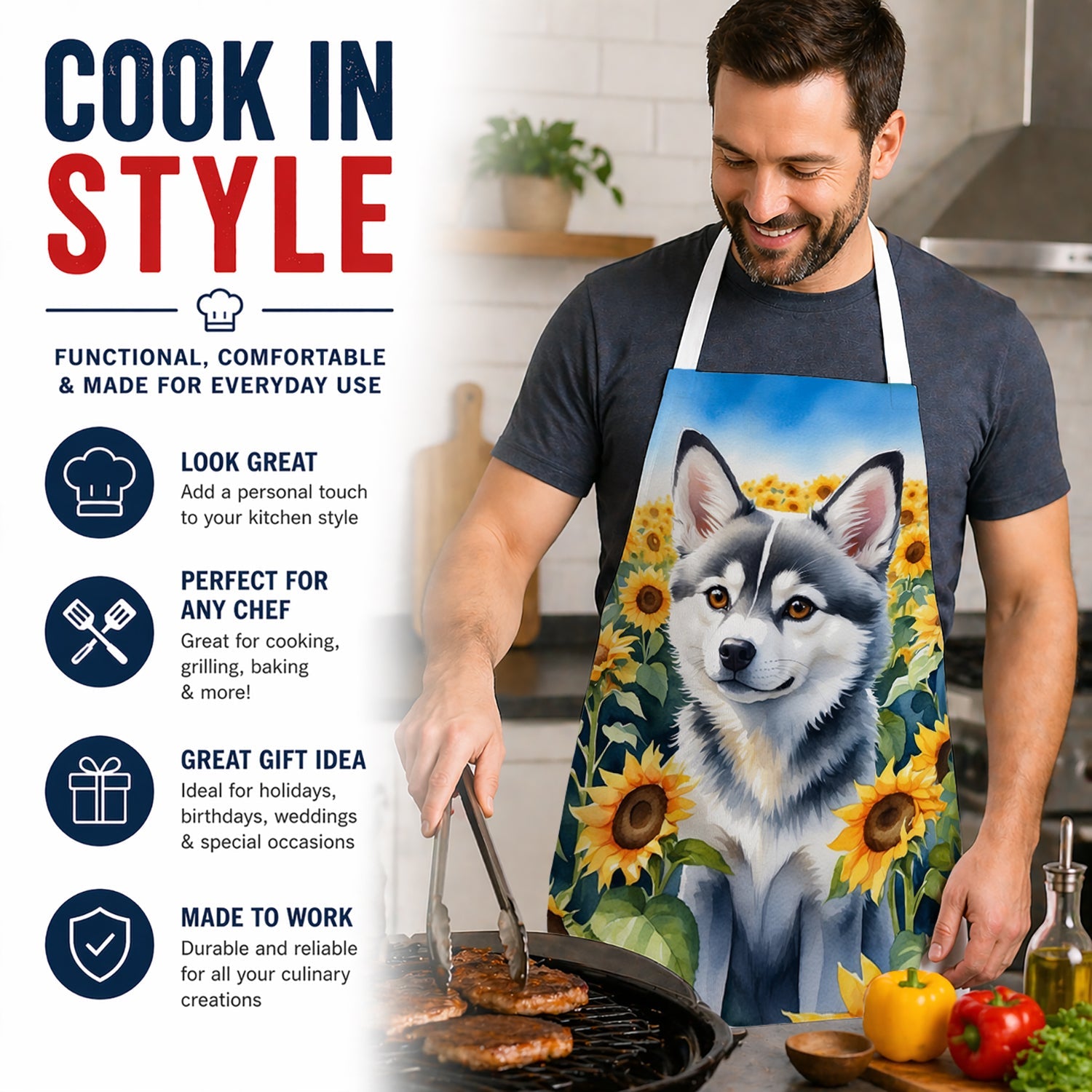 Alaskan Klee Kai in Sunflowers Apron Cooking Kitchen Server Baking Crafts Gardening for Adult Women Men, Unisex, Large, Multicolor