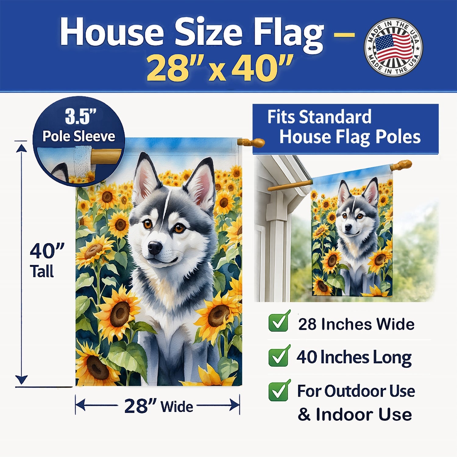 Alaskan Klee Kai in Sunflowers House Flag 28x40 Porch Sleeve Pole Decorative Outside Yard Banner Artwork Wall Hanging, Polyester