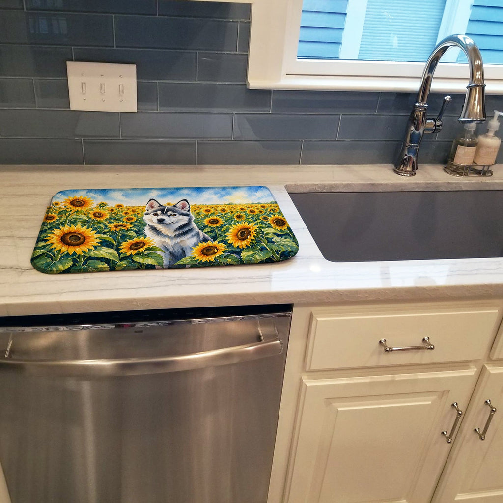 Alaskan Klee Kai in Sunflowers Dish Drying Mat Absorbent Dish Drying Mat Pad for Kitchen Counter Dish Drainer Mat for Countertop, 14 x 21", Multicolor