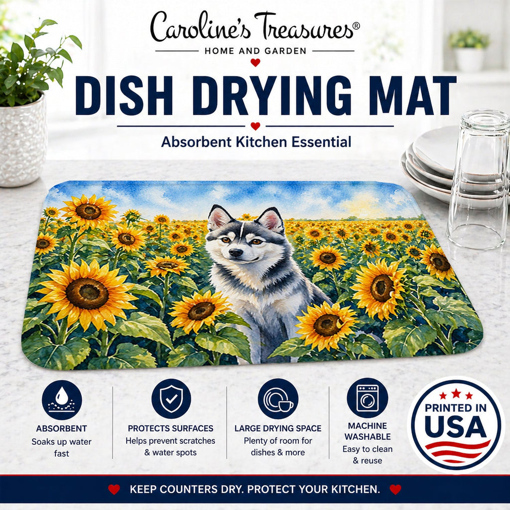 Alaskan Klee Kai in Sunflowers Dish Drying Mat Absorbent Dish Drying Mat Pad for Kitchen Counter Dish Drainer Mat for Countertop, 14 x 21", Multicolor