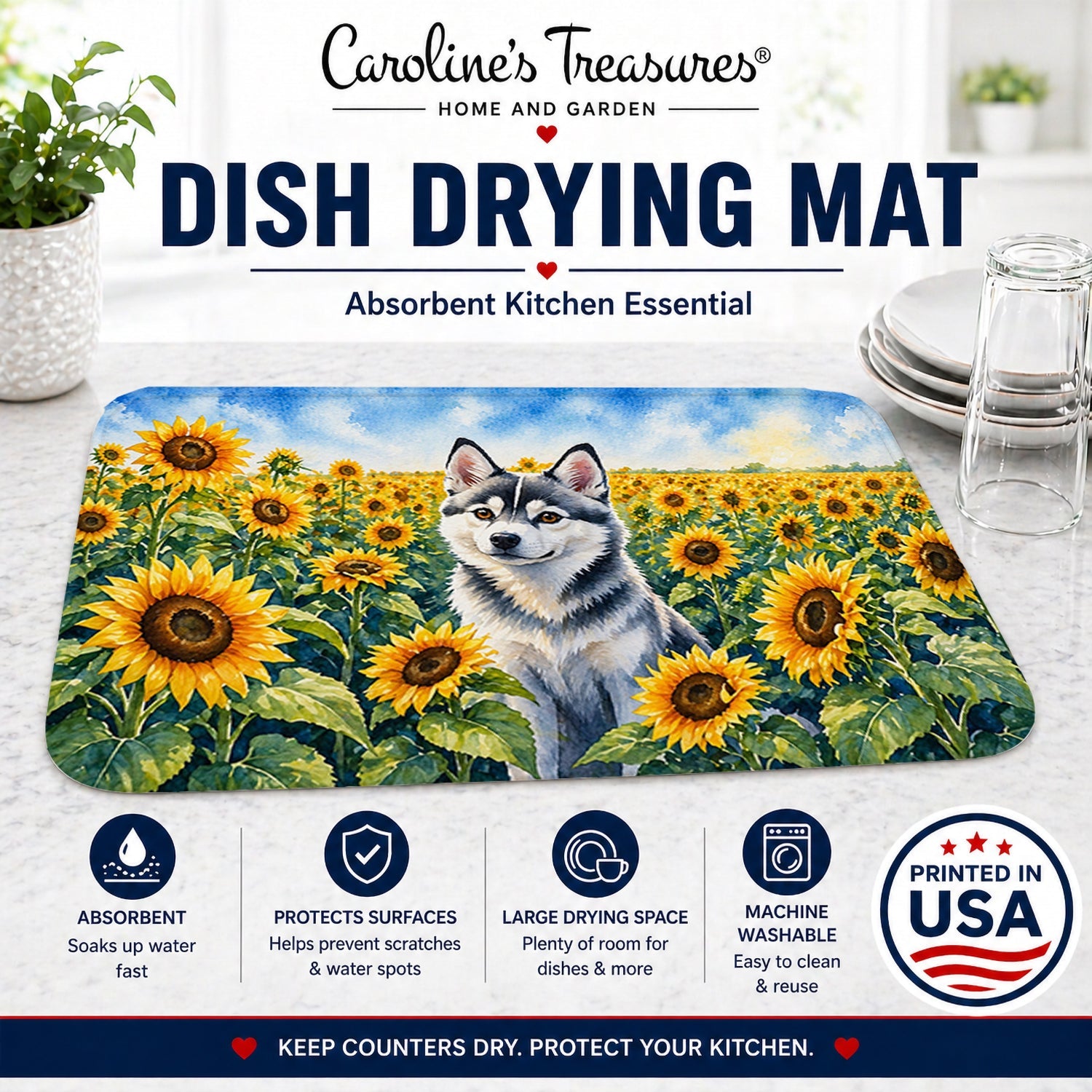 Alaskan Klee Kai in Sunflowers Dish Drying Mat Absorbent Dish Drying Mat Pad for Kitchen Counter Dish Drainer Mat for Countertop, 14 x 21", Multicolor