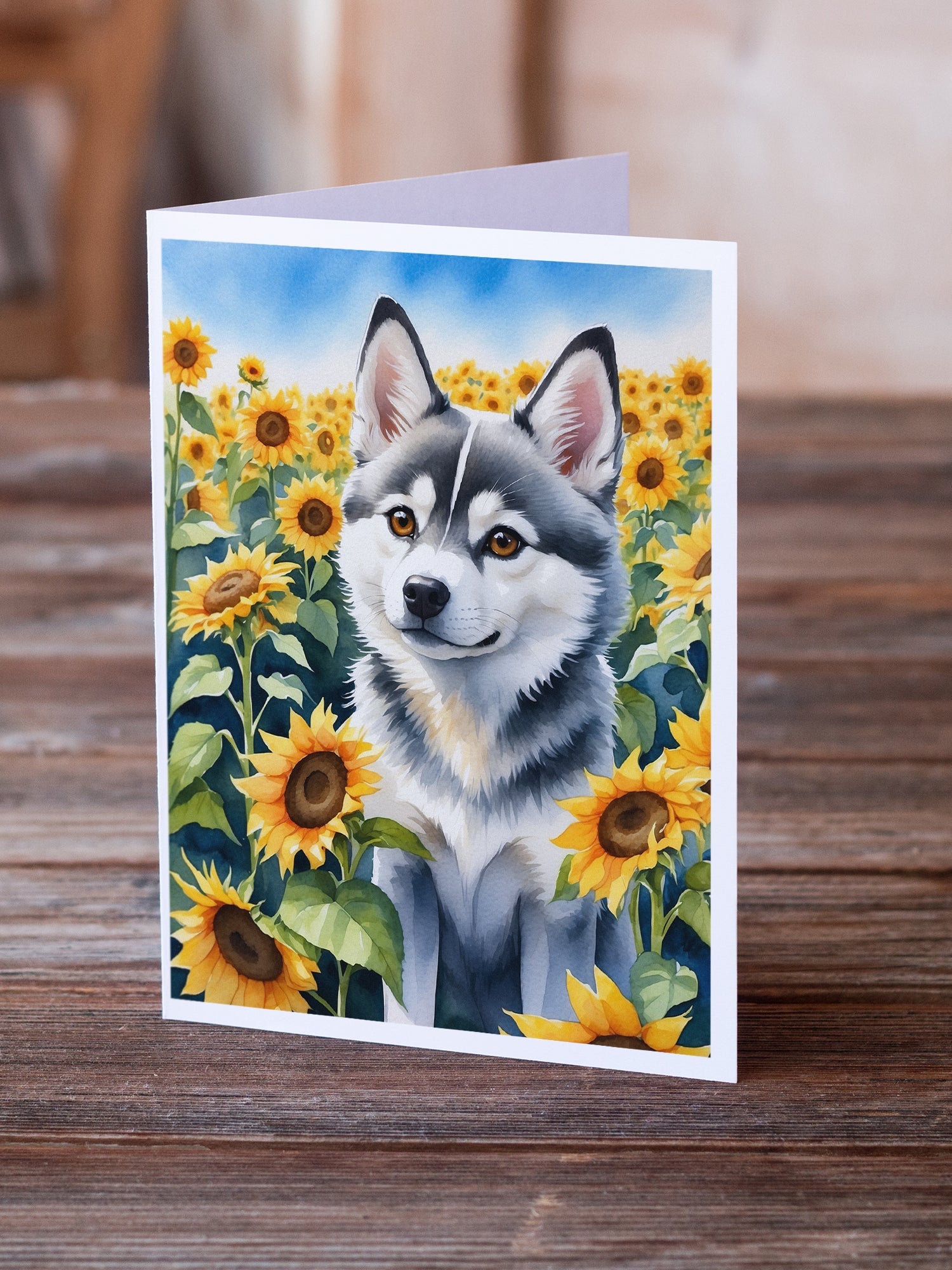 Alaskan Klee Kai in Sunflowers Greeting Cards Pack of 8 Blank Cards with Envelopes Whimsical A7 Size 5x7