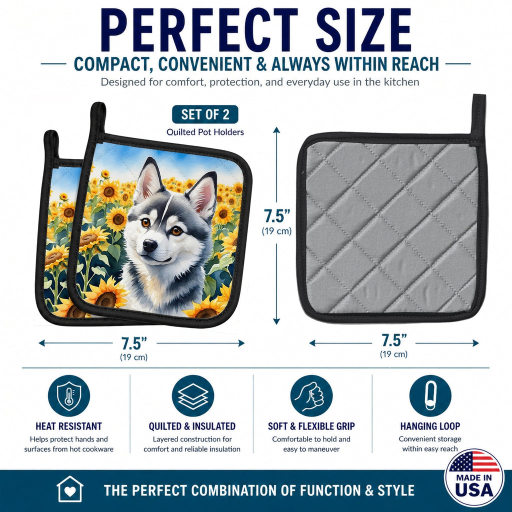 Alaskan Klee Kai in Sunflowers Pot Holder Set of 2 Heat Resistant Quilted Hot Pads 7.5 x 7.5 Inch, Insulated Kitchen Trivets for Cooking & Baking