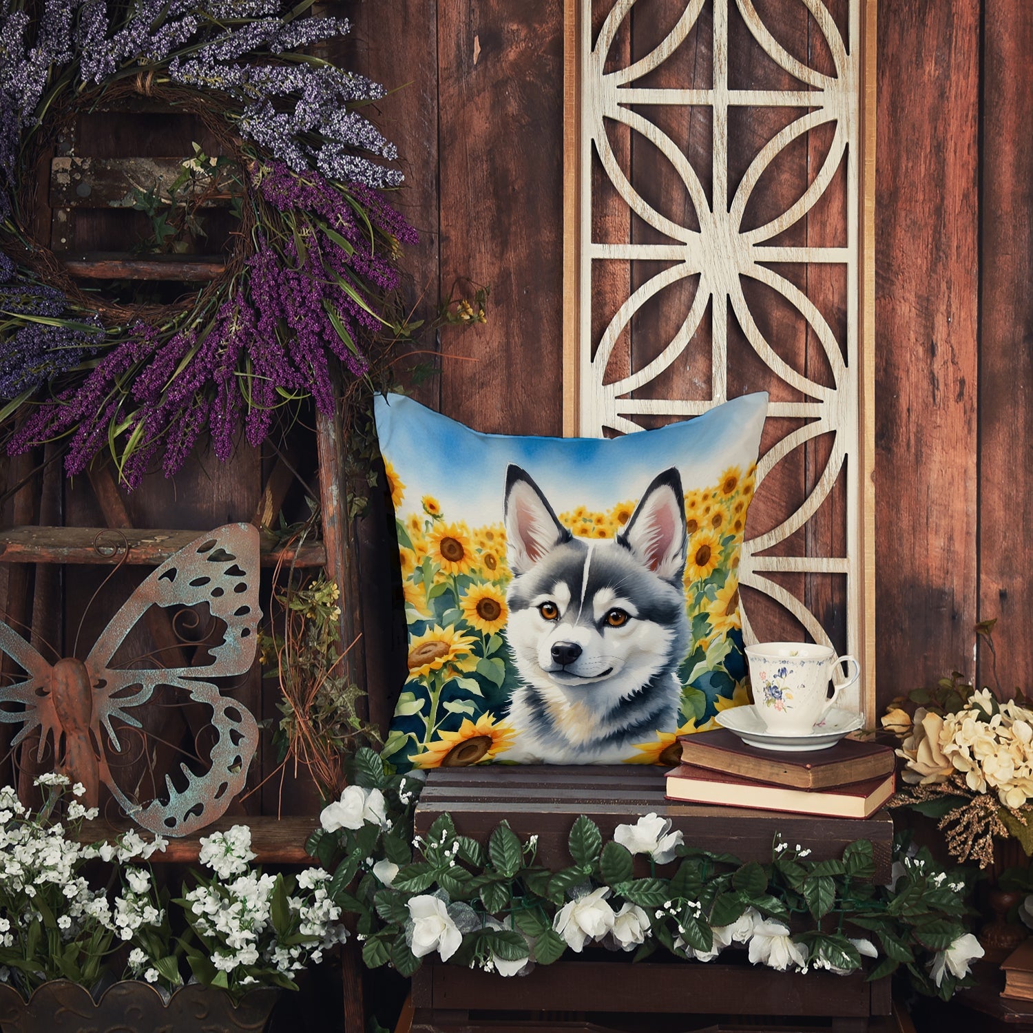 Alaskan Klee Kai in Sunflowers Decorative Throw Pillow 14x14 Indoor Outdoor Accent Cushion, Fabric Cover with Insert for Sofa, Bed, Porch & Living Room