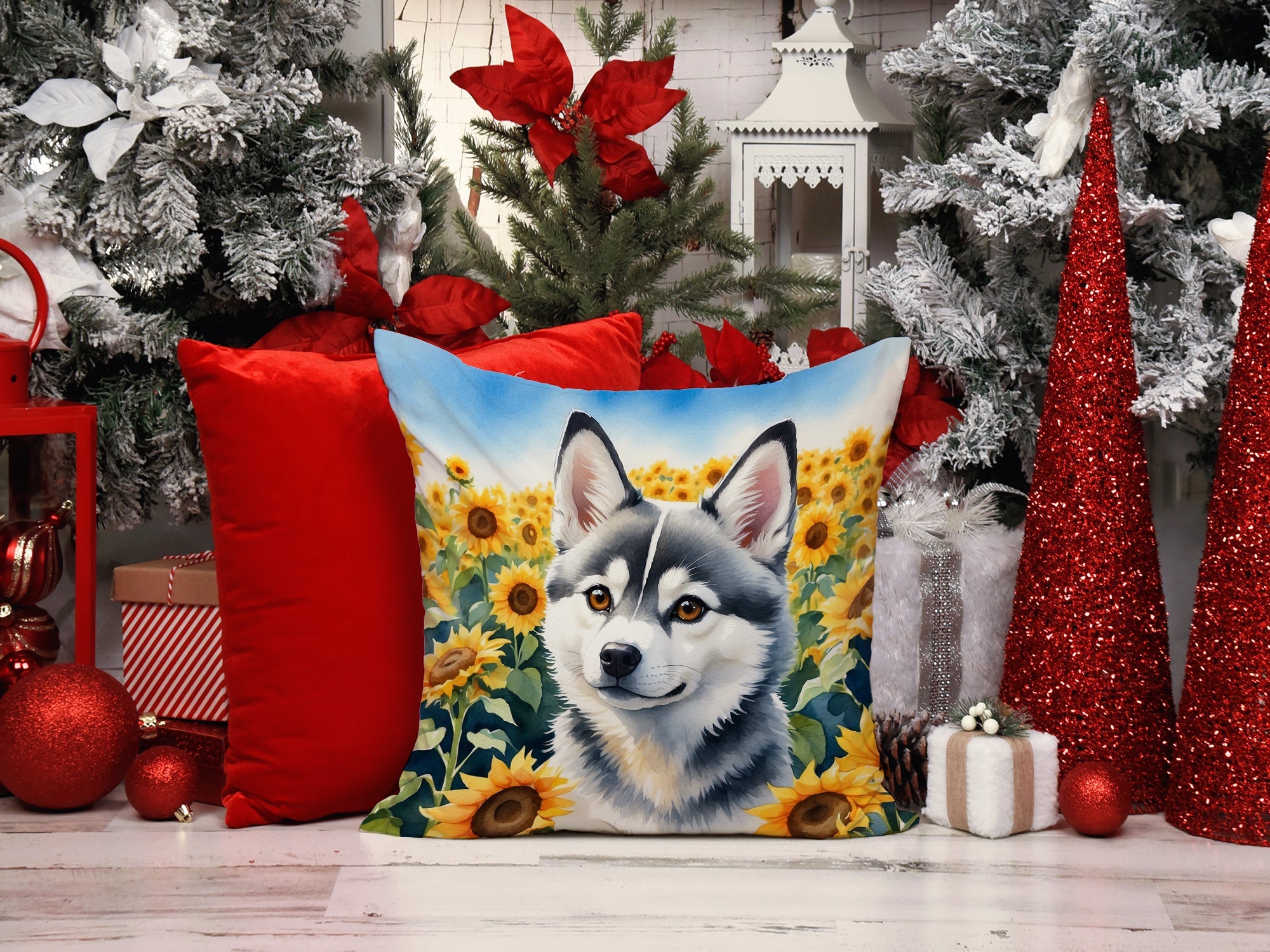 Alaskan Klee Kai in Sunflowers Decorative Throw Pillow 14x14 Indoor Outdoor Accent Cushion, Fabric Cover with Insert for Sofa, Bed, Porch & Living Room