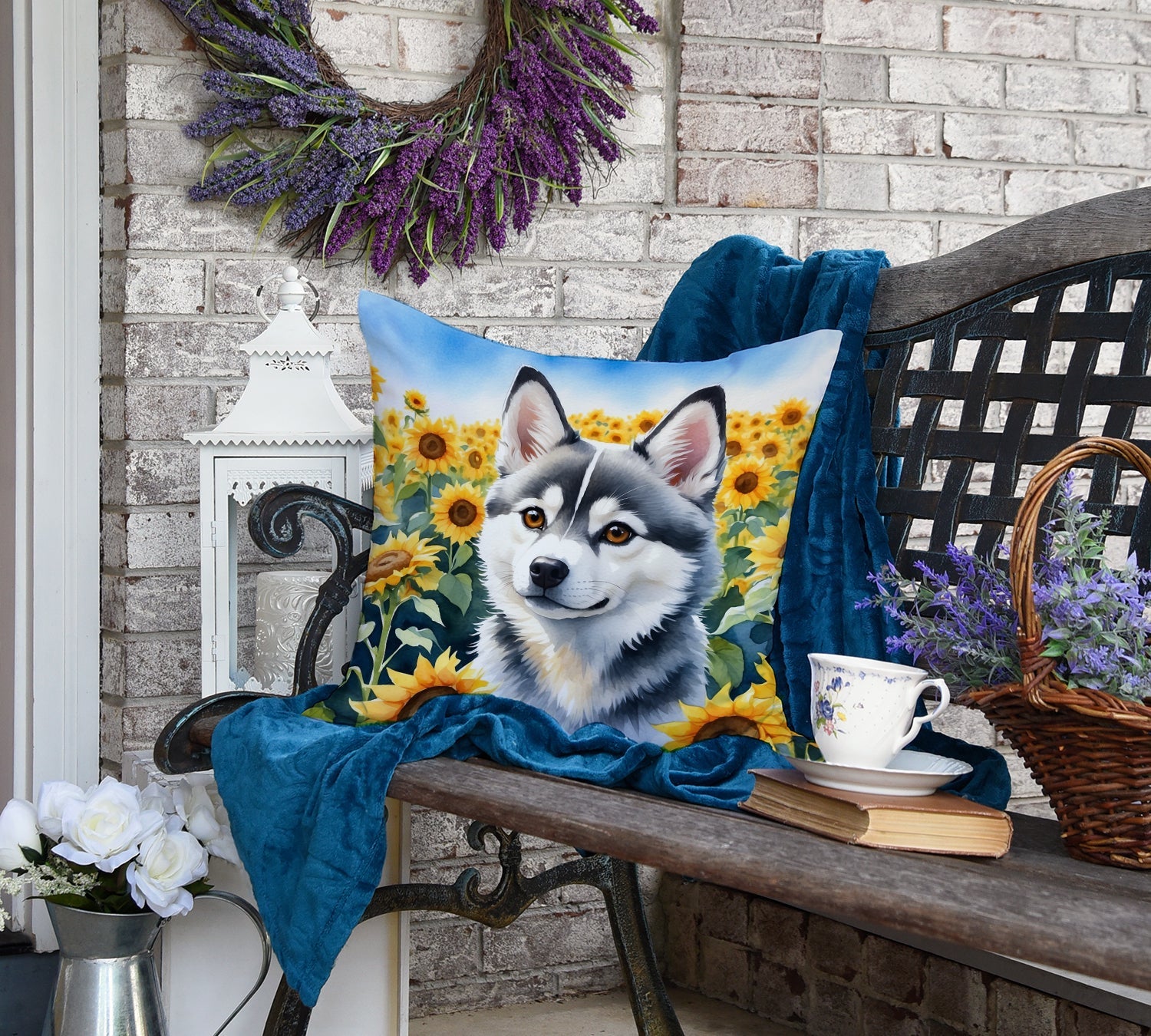 Alaskan Klee Kai in Sunflowers Decorative Throw Pillow 18x18 Indoor Outdoor Accent Cushion, Fabric Cover with Insert for Sofa, Bed, Porch & Living Room
