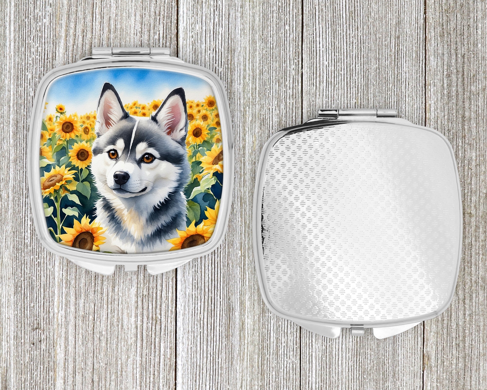 Alaskan Klee Kai in Sunflowers Compact Mirror Decorative Travel Makeup Mirror for Women Girls Gifts Pocket Makeup Mirror Folding Handheld