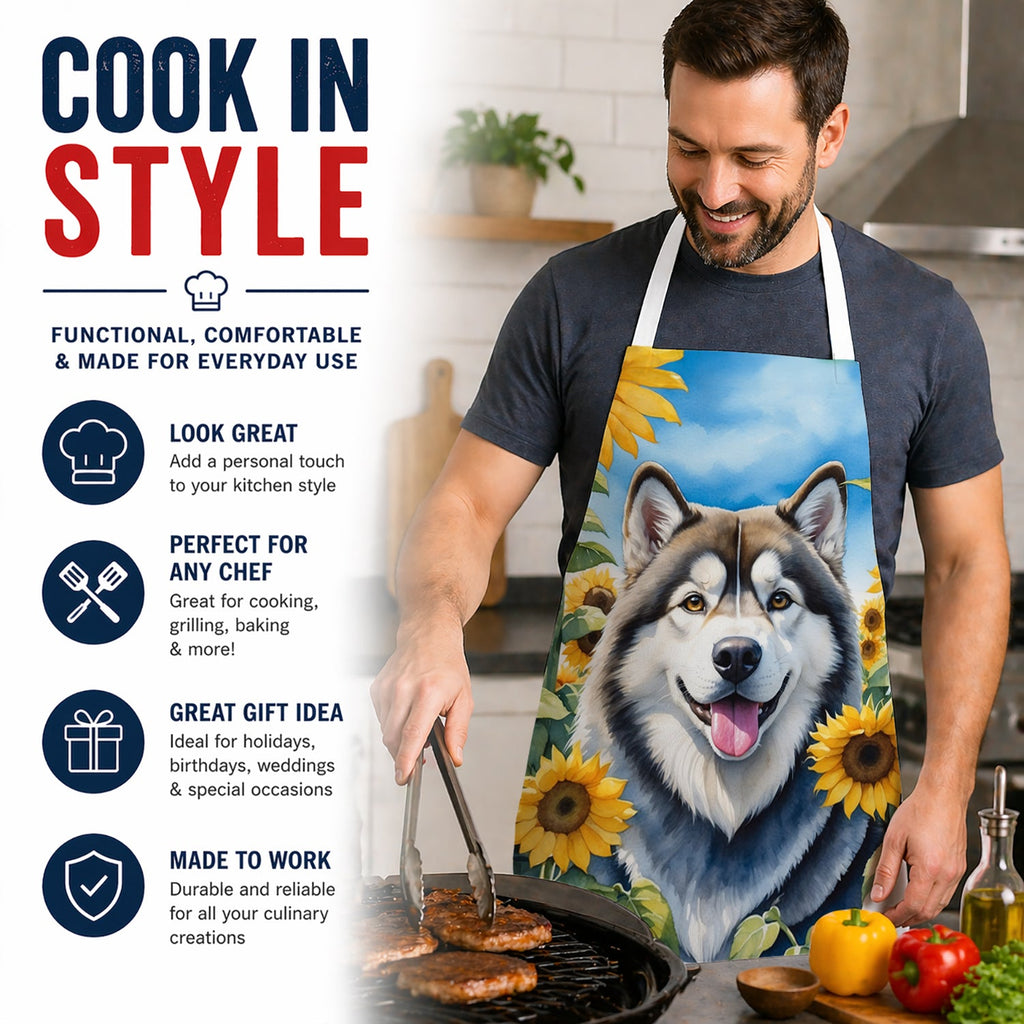 Alaskan Malamute in Sunflowers Apron Cooking Kitchen Server Baking Crafts Gardening for Adult Women Men, Unisex, Large, Multicolor