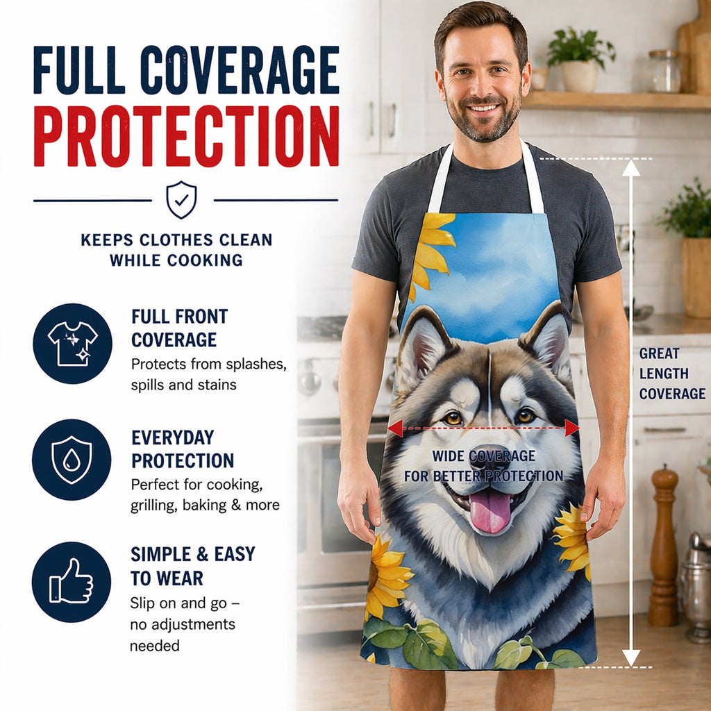 Alaskan Malamute in Sunflowers Apron Cooking Kitchen Server Baking Crafts Gardening for Adult Women Men, Unisex, Large, Multicolor