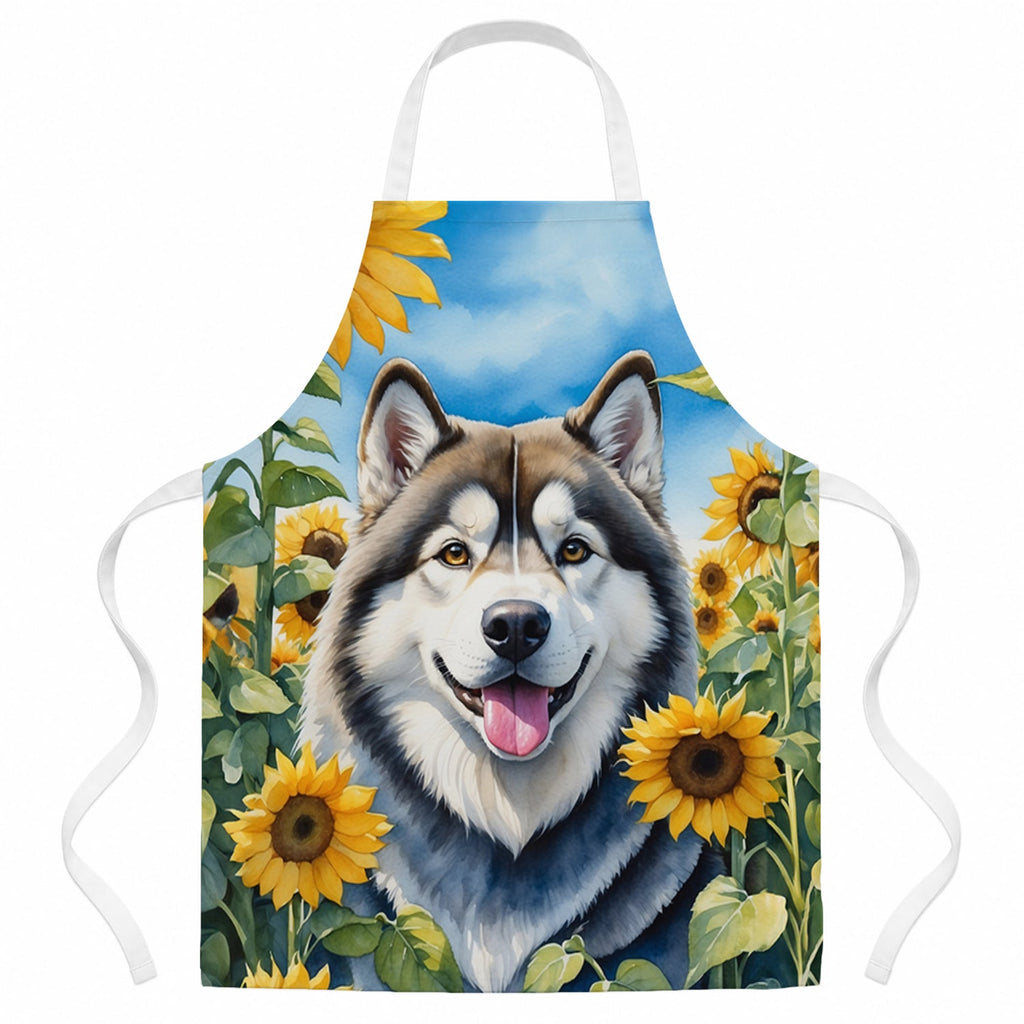 Alaskan Malamute in Sunflowers Apron Cooking Kitchen Server Baking Crafts Gardening for Adult Women Men, Unisex, Large, Multicolor