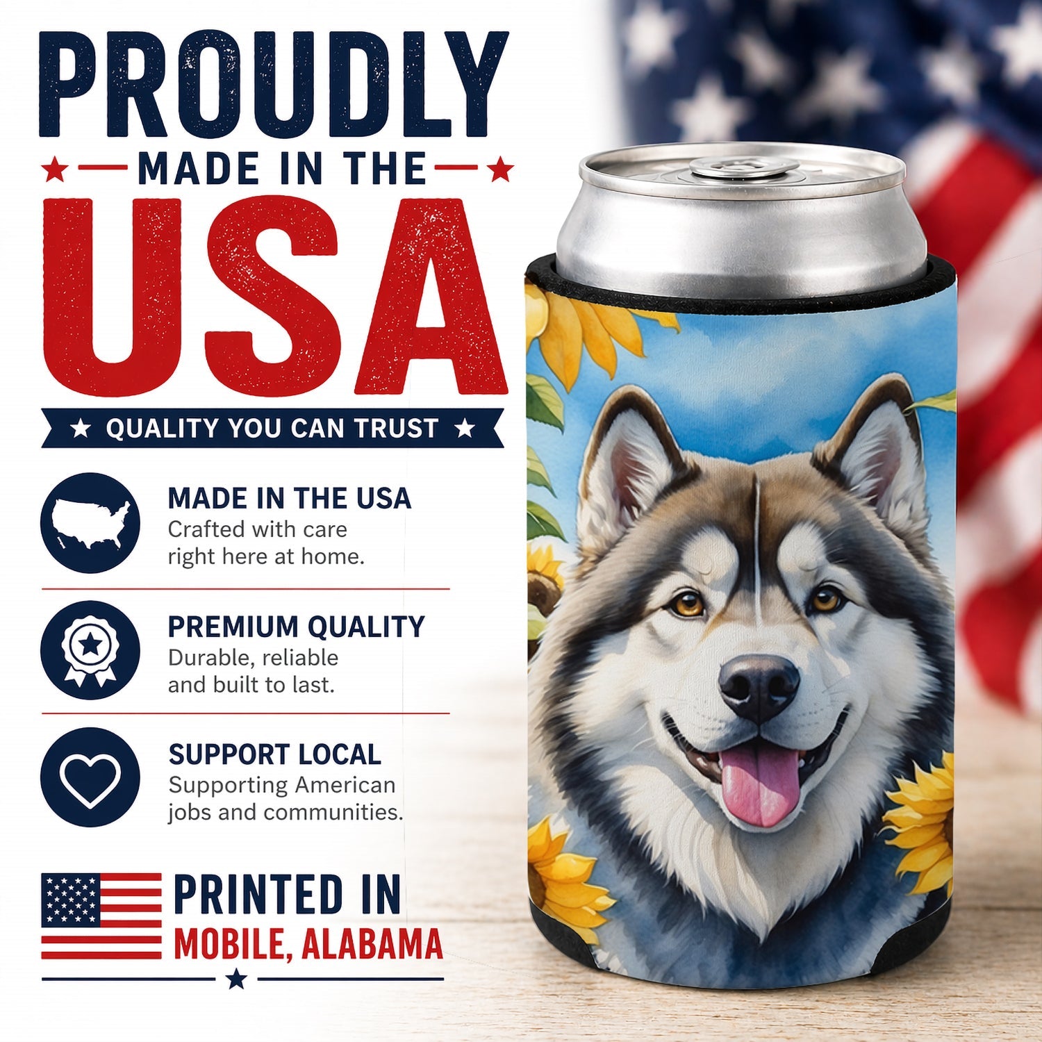 Alaskan Malamute in Sunflowers Can or Bottle Hugger Cooler Sleeve for Standard 12 oz Cans, Insulated Foam Beer & Soda Can Hugger Reusable
