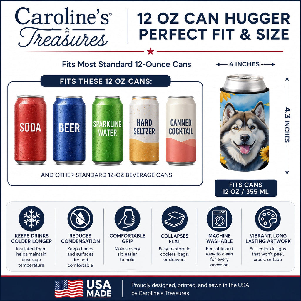 Alaskan Malamute in Sunflowers Can or Bottle Hugger Cooler Sleeve for Standard 12 oz Cans, Insulated Foam Beer & Soda Can Hugger Reusable