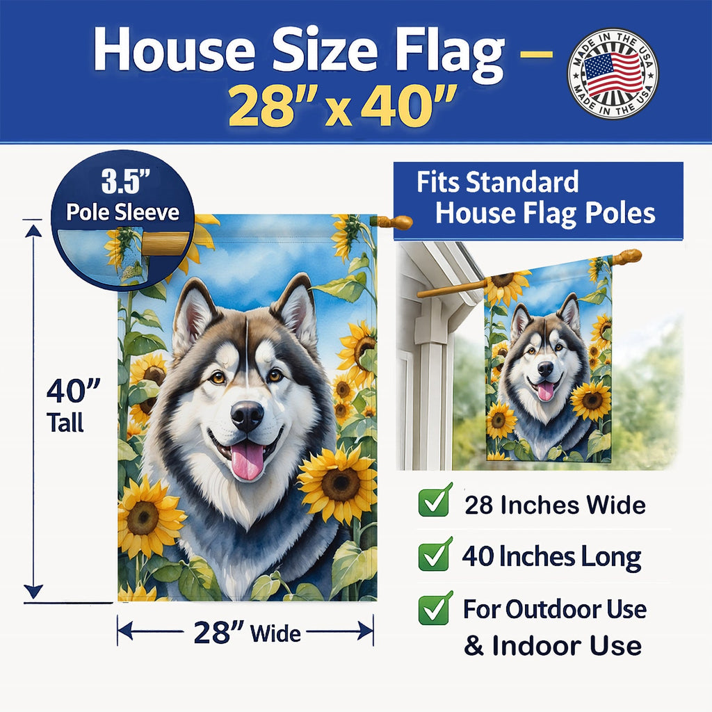 Alaskan Malamute in Sunflowers House Flag 28x40 Porch Sleeve Pole Decorative Outside Yard Banner Artwork Wall Hanging, Polyester