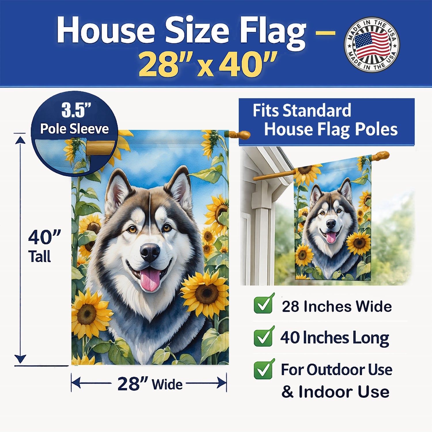 Alaskan Malamute in Sunflowers House Flag 28x40 Porch Sleeve Pole Decorative Outside Yard Banner Artwork Wall Hanging, Polyester