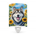 Alaskan Malamute in Sunflowers Ceramic Night Light Compact, UL-Certified, Ideal for Bedroom, Bathroom, Nursery, Hallway, Kitchen, 6x4x3, Multicolor