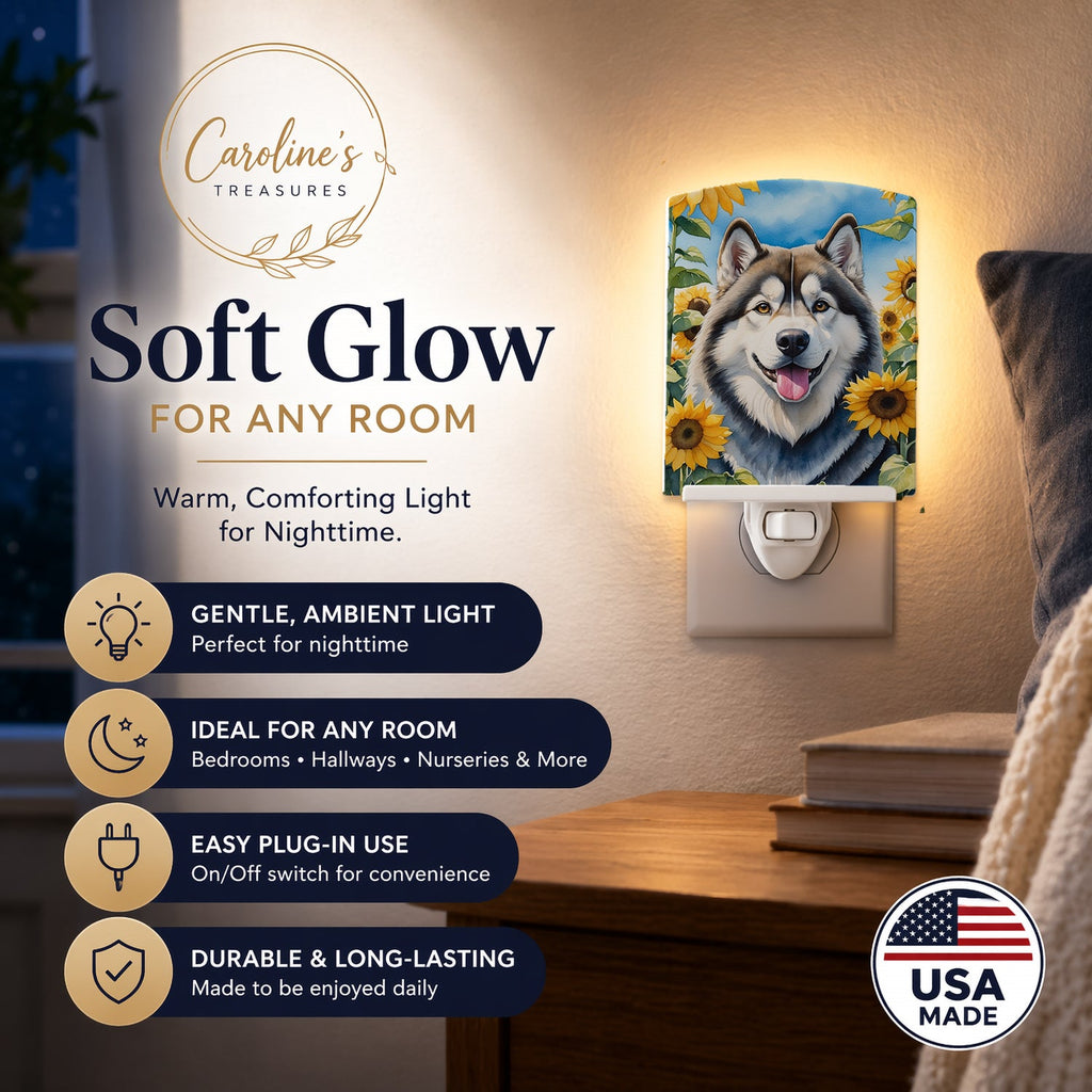 Alaskan Malamute in Sunflowers Ceramic Night Light Compact, UL-Certified, Ideal for Bedroom, Bathroom, Nursery, Hallway, Kitchen, 6x4x3, Multicolor