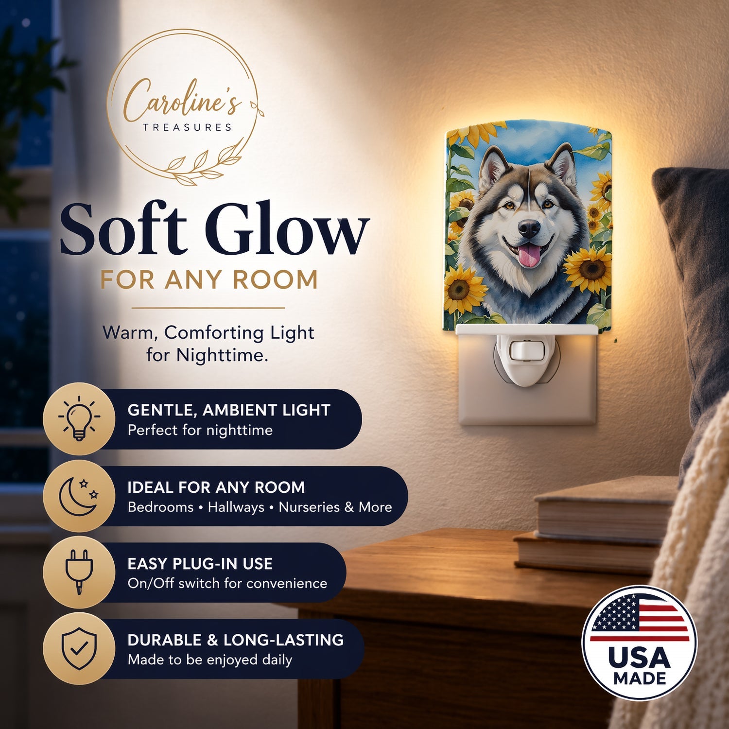 Alaskan Malamute in Sunflowers Ceramic Night Light Compact, UL-Certified, Ideal for Bedroom, Bathroom, Nursery, Hallway, Kitchen, 6x4x3, Multicolor
