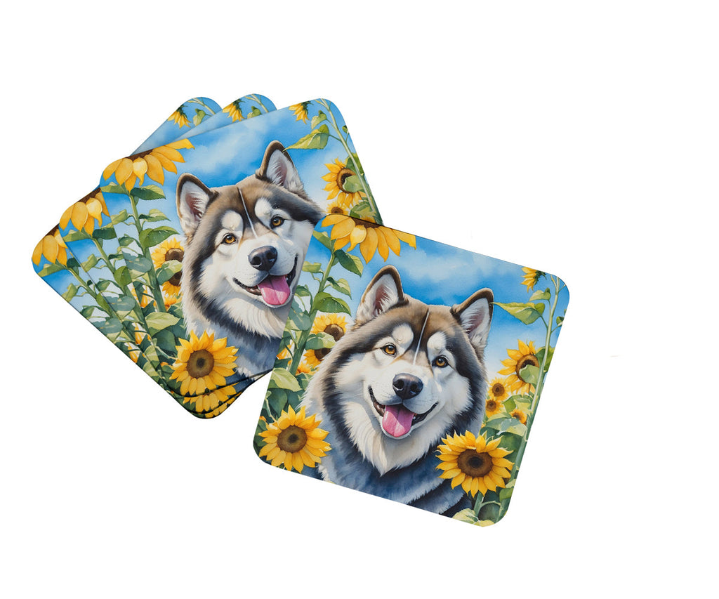 Alaskan Malamute in Sunflowers Foam Coasters Set of 4 Cup Coasters for Indoor Outdoor, Tabletop Protection, Anti Slip, Mouse pad Material