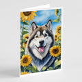 Alaskan Malamute in Sunflowers Greeting Cards Pack of 8 Blank Cards with Envelopes Whimsical A7 Size 5x7