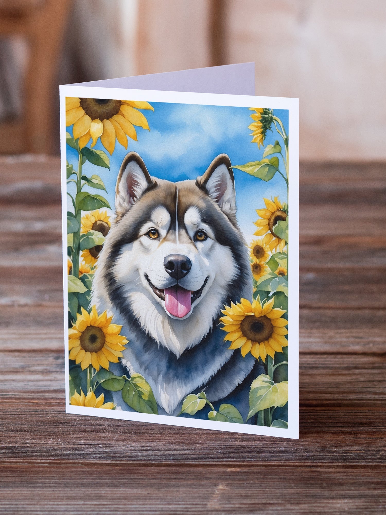 Alaskan Malamute in Sunflowers Greeting Cards Pack of 8 Blank Cards with Envelopes Whimsical A7 Size 5x7