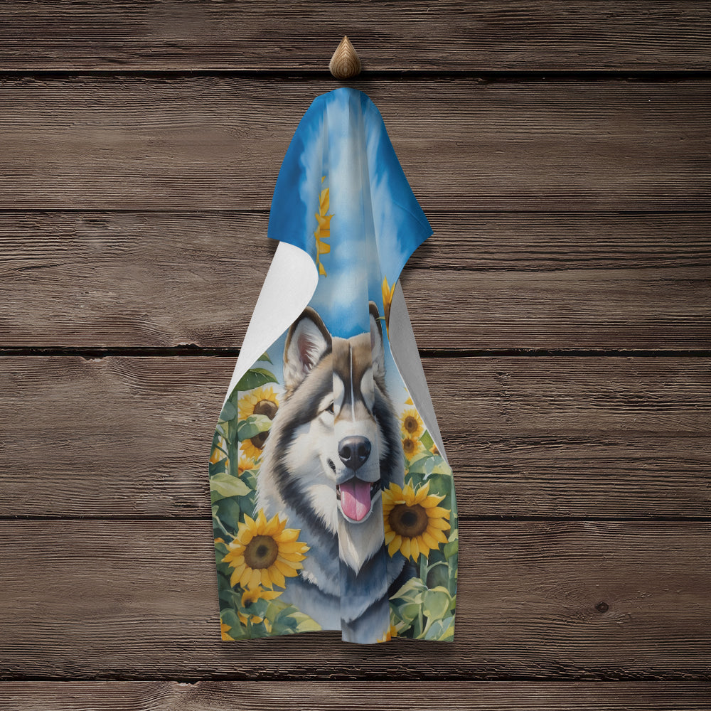 Alaskan Malamute in Sunflowers Kitchen Towel Velour Plush Front and Cotton Loop Back Machine Washable