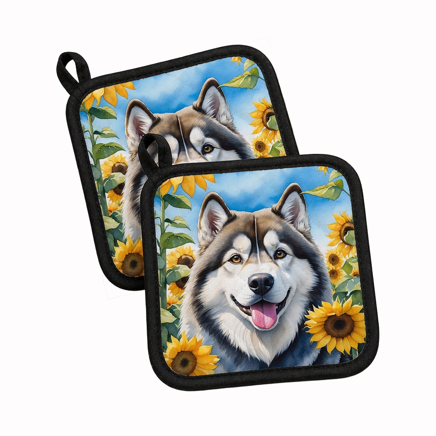 Alaskan Malamute in Sunflowers Pot Holder Set of 2 Heat Resistant Quilted Hot Pads 7.5 x 7.5 Inch, Insulated Kitchen Trivets for Cooking & Baking