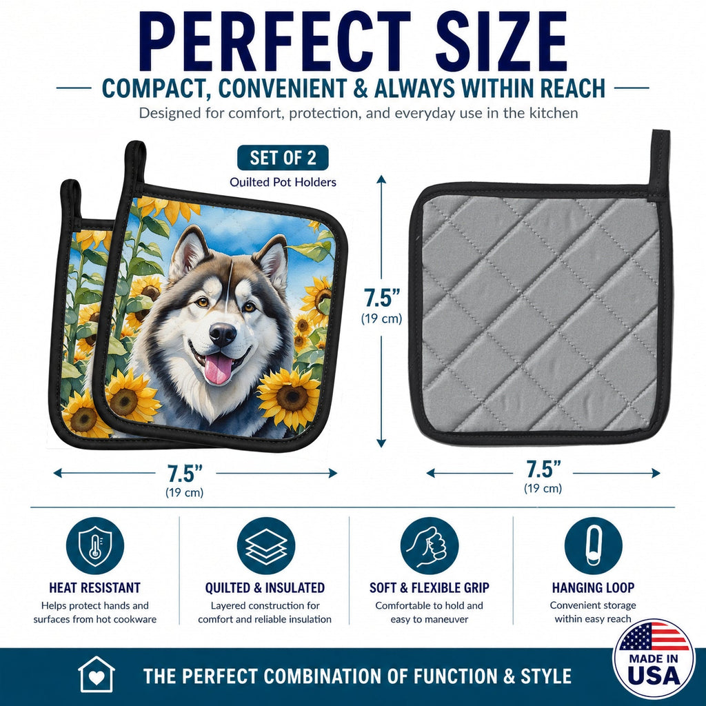 Alaskan Malamute in Sunflowers Pot Holder Set of 2 Heat Resistant Quilted Hot Pads 7.5 x 7.5 Inch, Insulated Kitchen Trivets for Cooking & Baking