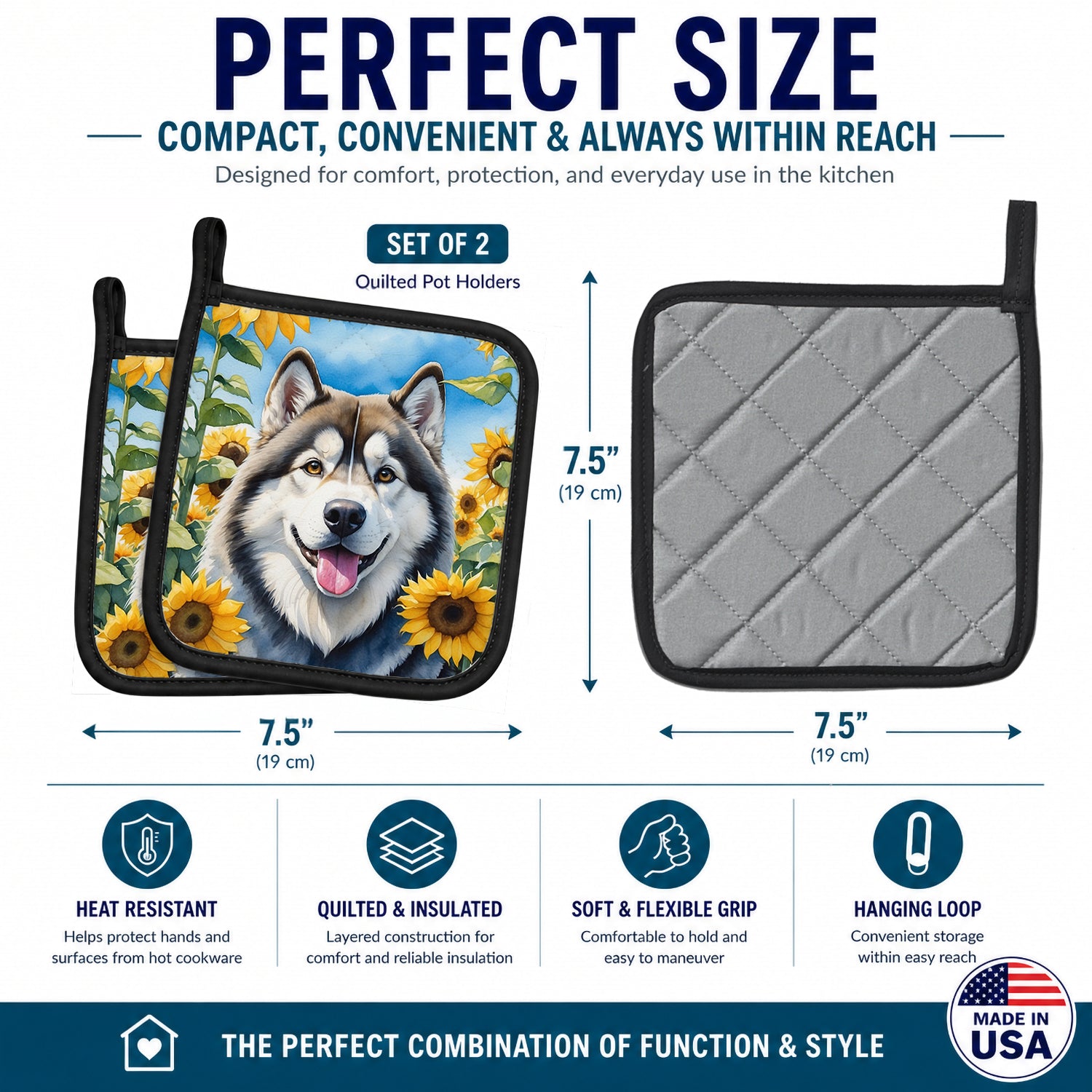 Alaskan Malamute in Sunflowers Pot Holder Set of 2 Heat Resistant Quilted Hot Pads 7.5 x 7.5 Inch, Insulated Kitchen Trivets for Cooking & Baking