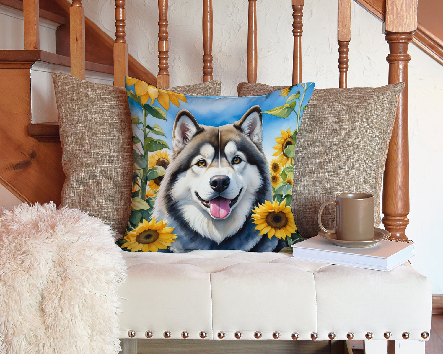 Alaskan Malamute in Sunflowers Decorative Throw Pillow 14x14 Indoor Outdoor Accent Cushion, Fabric Cover with Insert for Sofa, Bed, Porch & Living Room