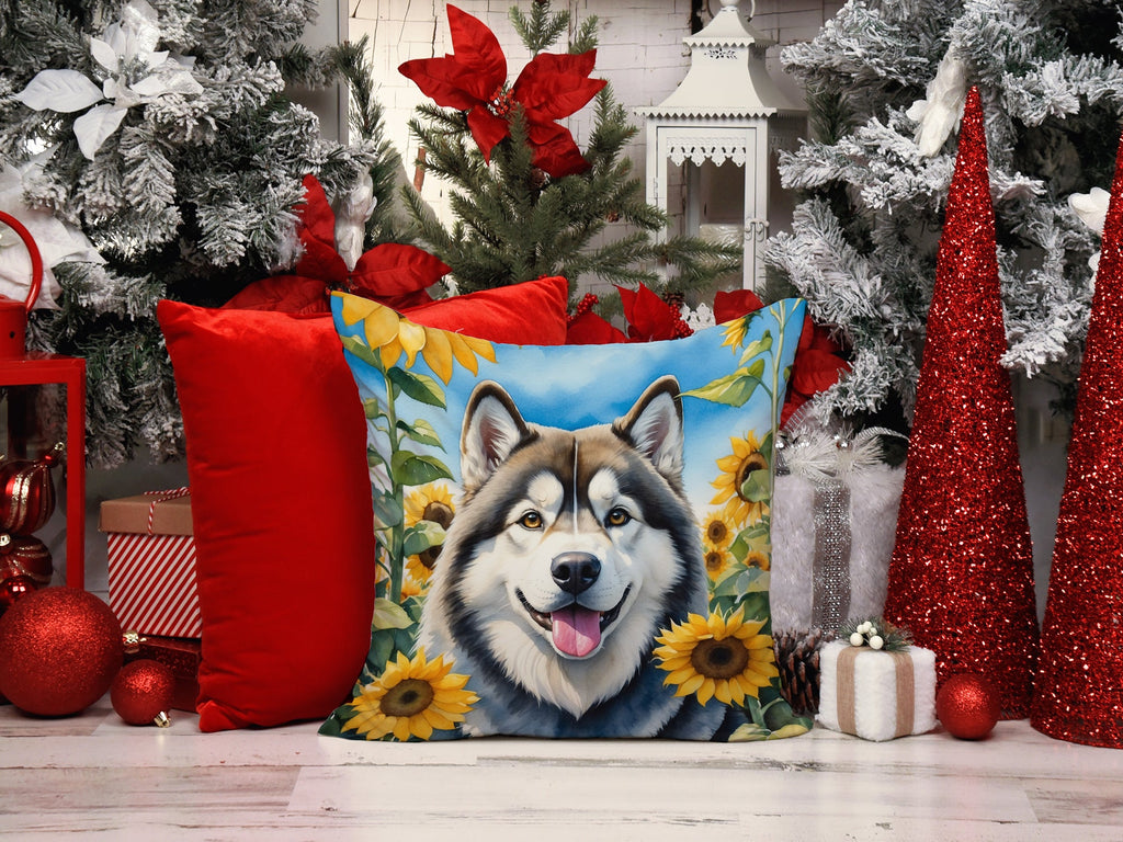 Alaskan Malamute in Sunflowers Decorative Throw Pillow 14x14 Indoor Outdoor Accent Cushion, Fabric Cover with Insert for Sofa, Bed, Porch & Living Room