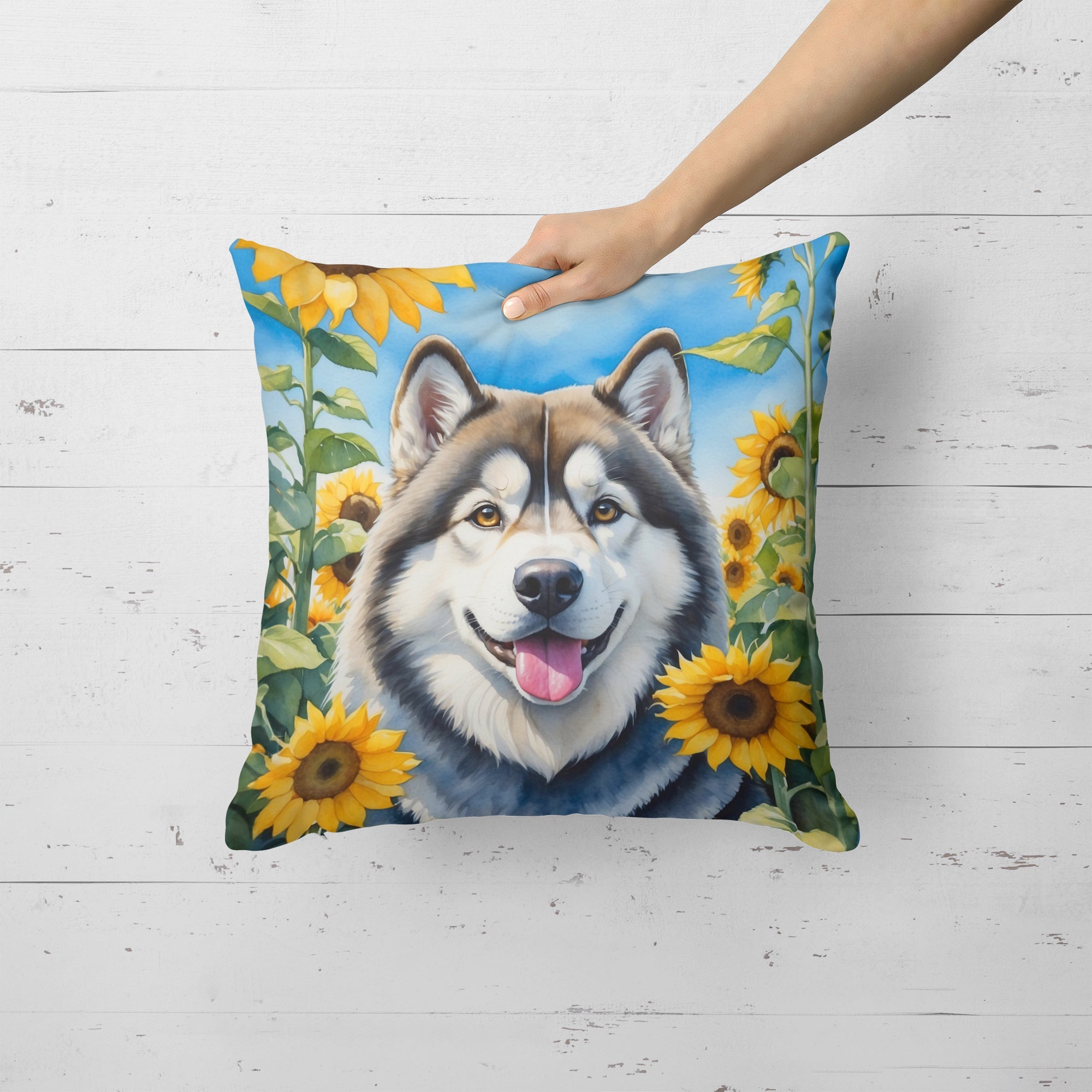 Alaskan Malamute in Sunflowers Decorative Throw Pillow 18x18 Indoor Outdoor Accent Cushion, Fabric Cover with Insert for Sofa, Bed, Porch & Living Room
