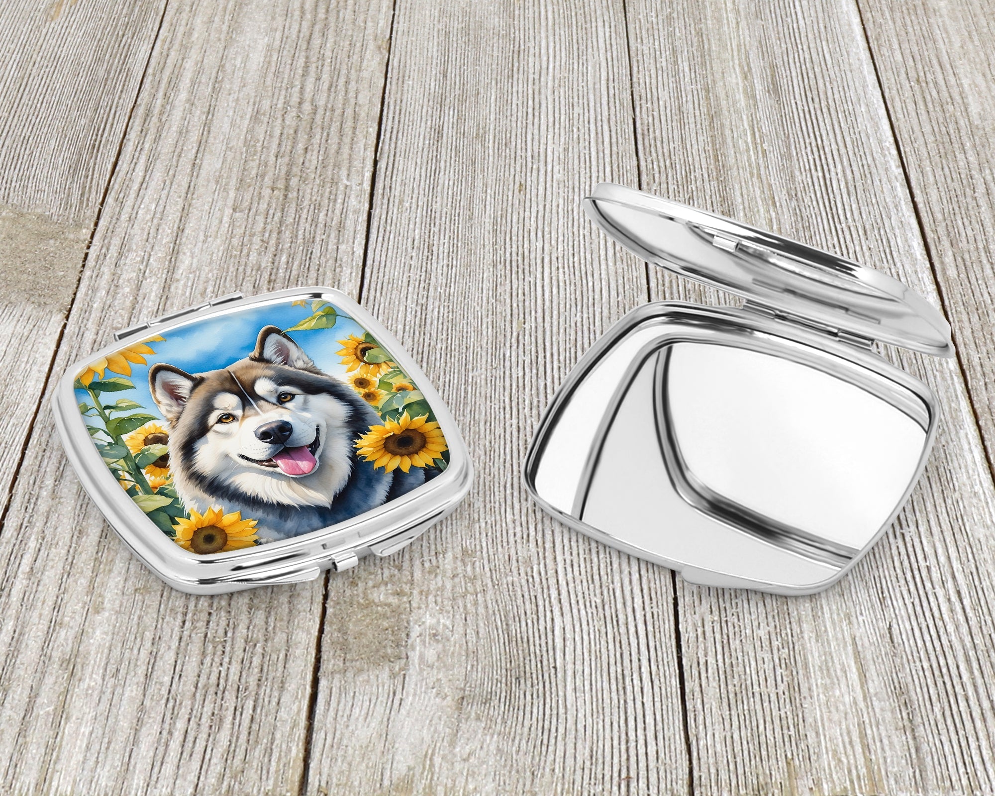 Alaskan Malamute in Sunflowers Compact Mirror Decorative Travel Makeup Mirror for Women Girls Gifts Pocket Makeup Mirror Folding Handheld