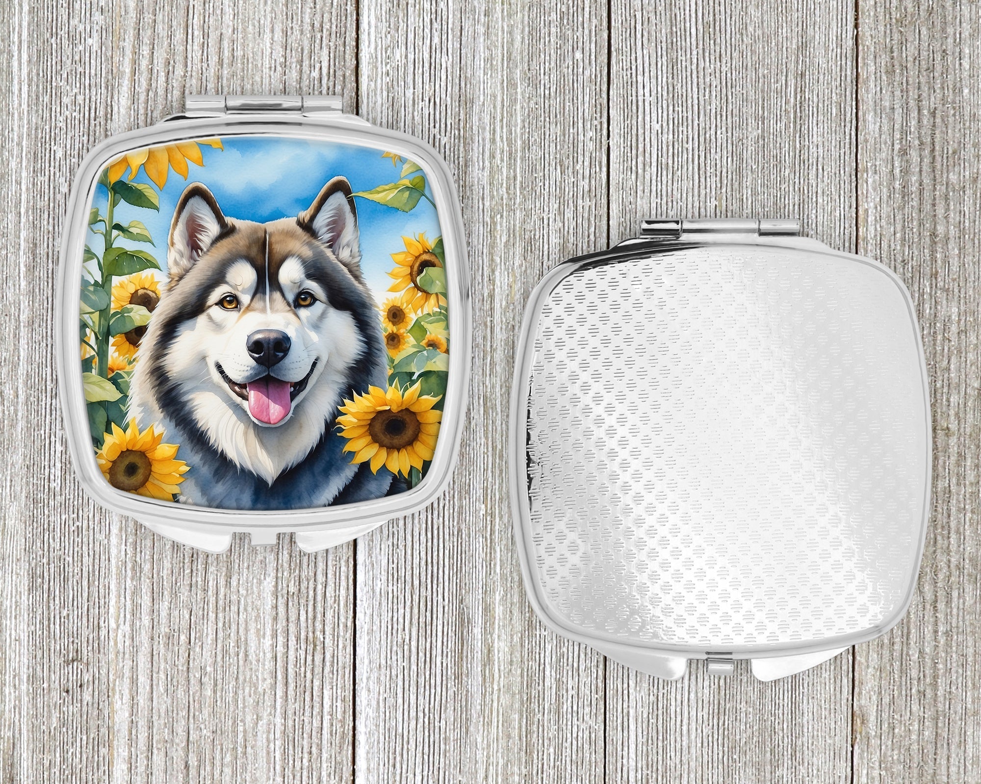 Alaskan Malamute in Sunflowers Compact Mirror Decorative Travel Makeup Mirror for Women Girls Gifts Pocket Makeup Mirror Folding Handheld
