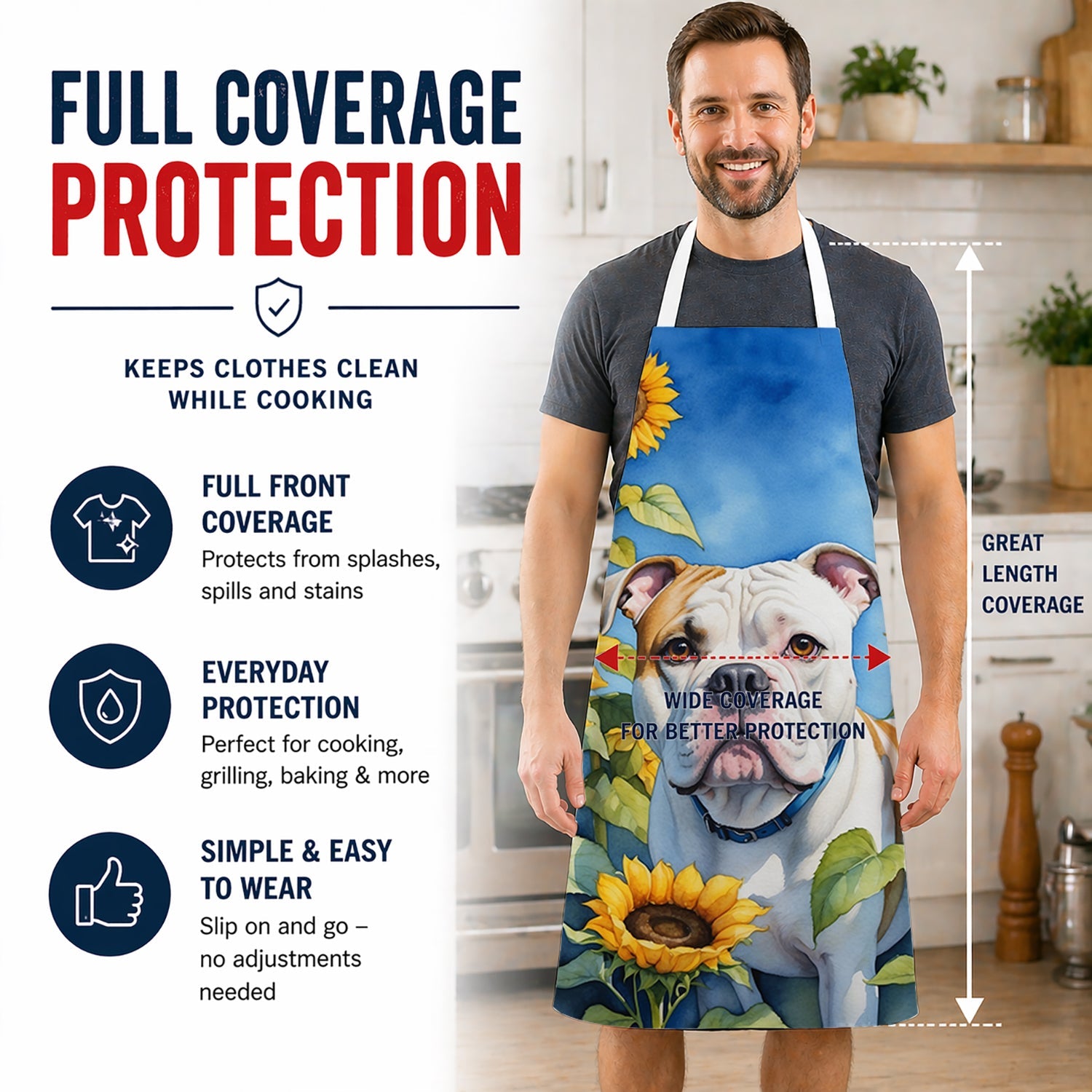 American Bulldog in Sunflowers Apron Cooking Kitchen Server Baking Crafts Gardening for Adult Women Men, Unisex, Large, Multicolor