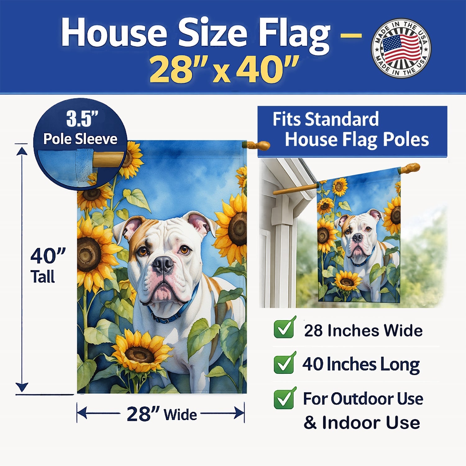 American Bulldog in Sunflowers House Flag 28x40 Porch Sleeve Pole Decorative Outside Yard Banner Artwork Wall Hanging, Polyester